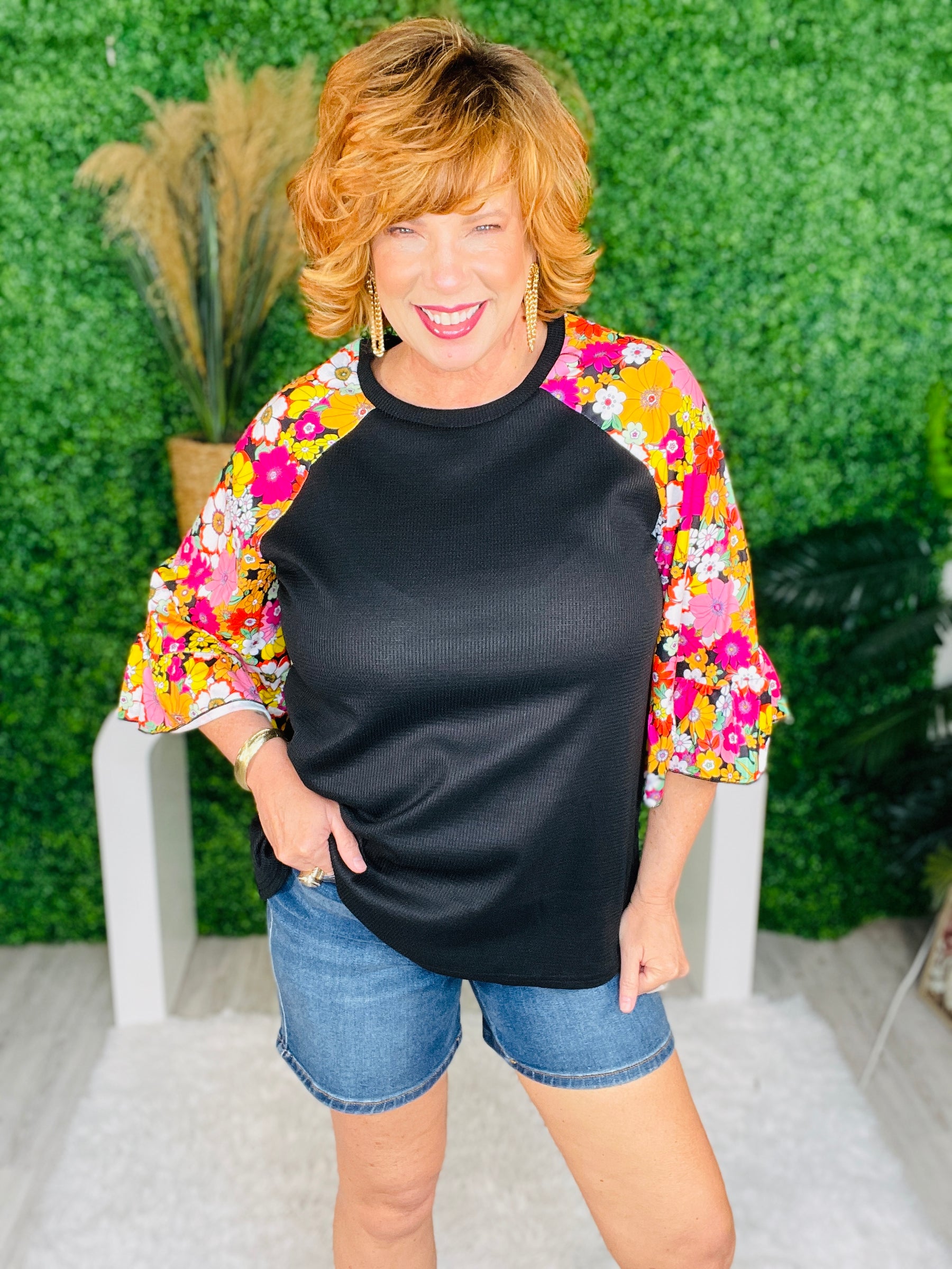 Daisy Days Floral Sleeves Black Waffle Knit Top - T11332BK