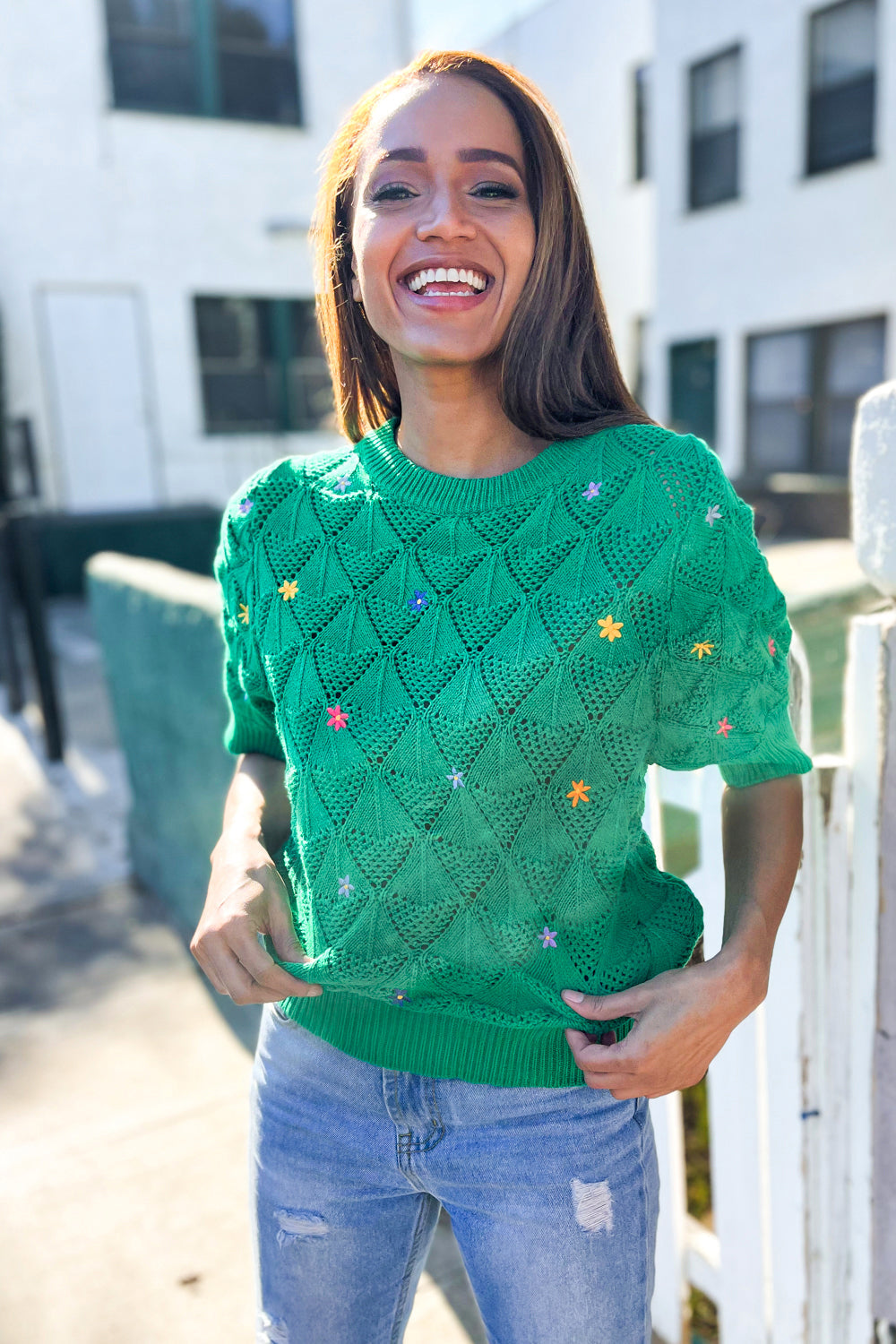 Flower Power Embroidered Crochet Textured Short Sleeve Sweater - T10989GN
