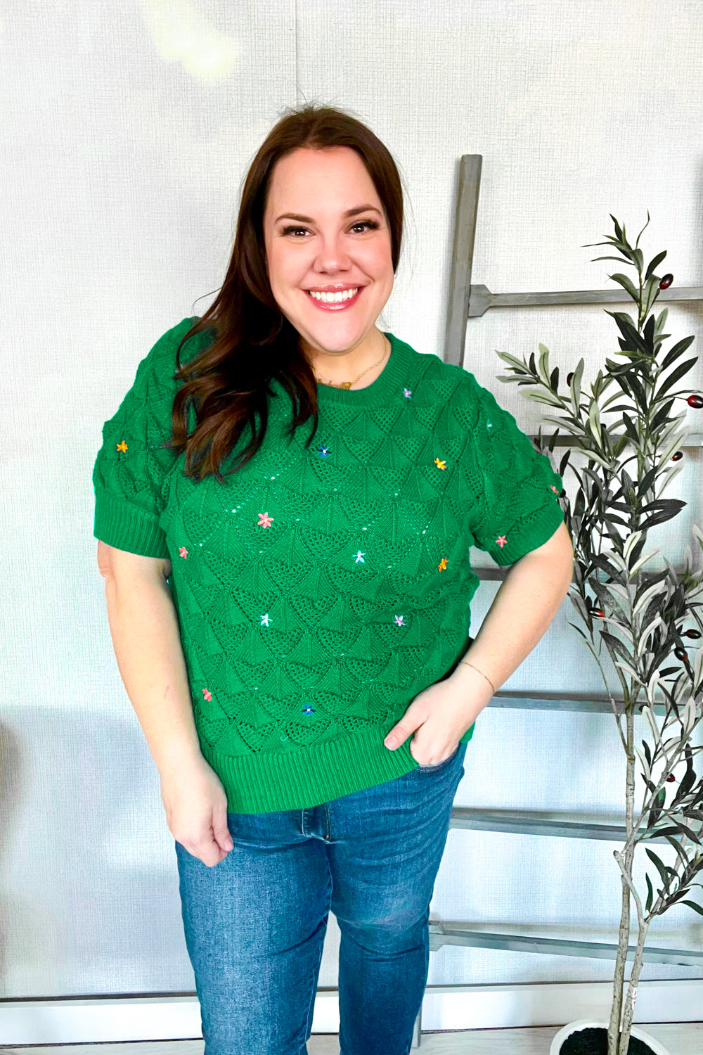 Flower Power Embroidered Crochet Textured Short Sleeve Sweater - T10989GN