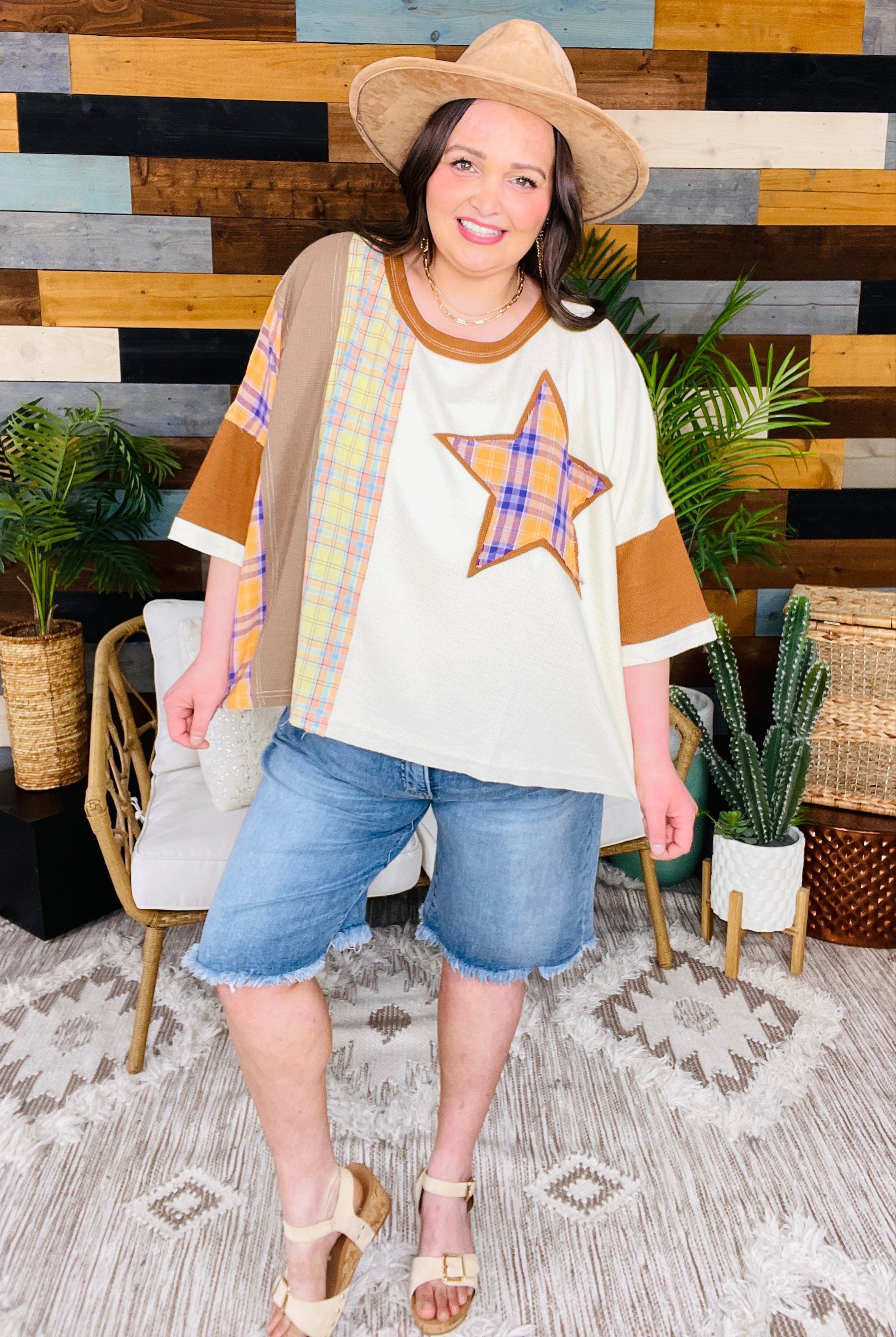 Written In The Stars Plaid Star Patch Top - T11364MO