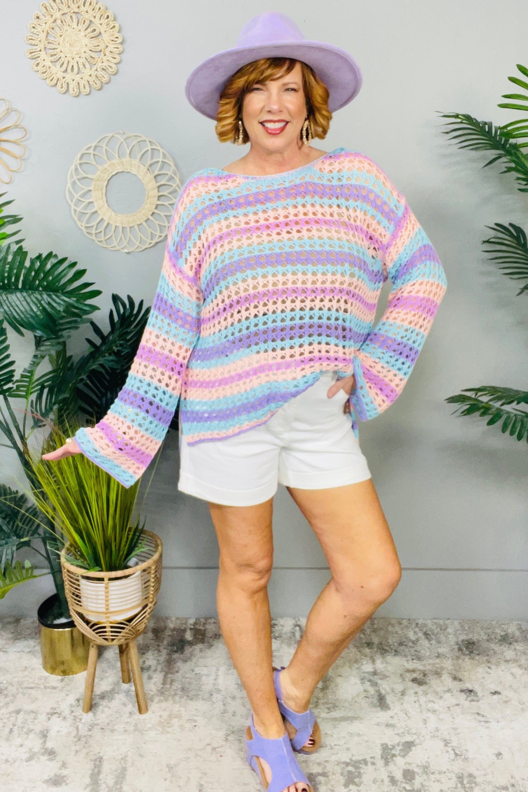 Cover Glam Purple Multi Stripe Knit Top - T11192PU