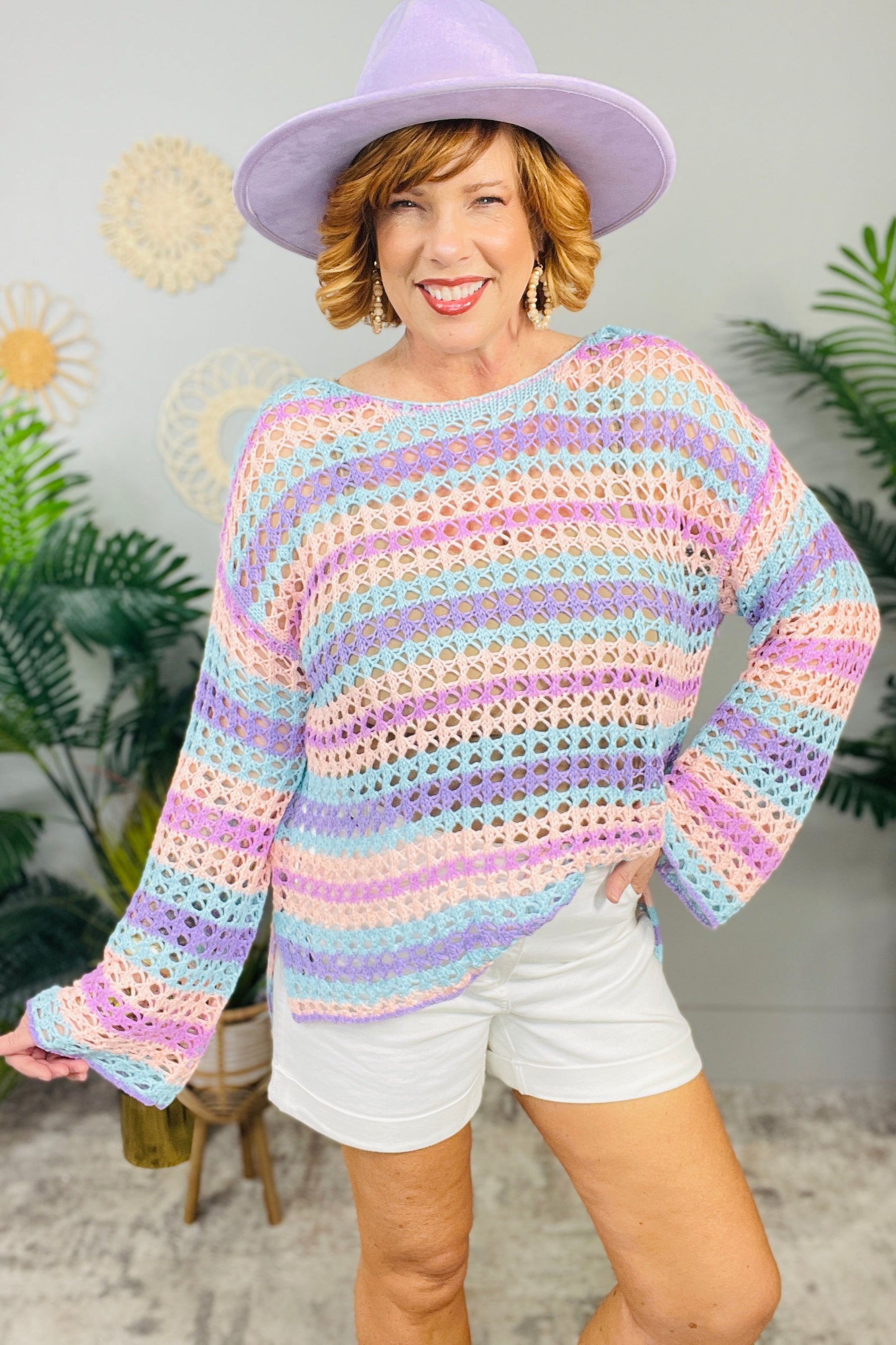 Cover Glam Purple Multi Stripe Knit Top - T11192PU