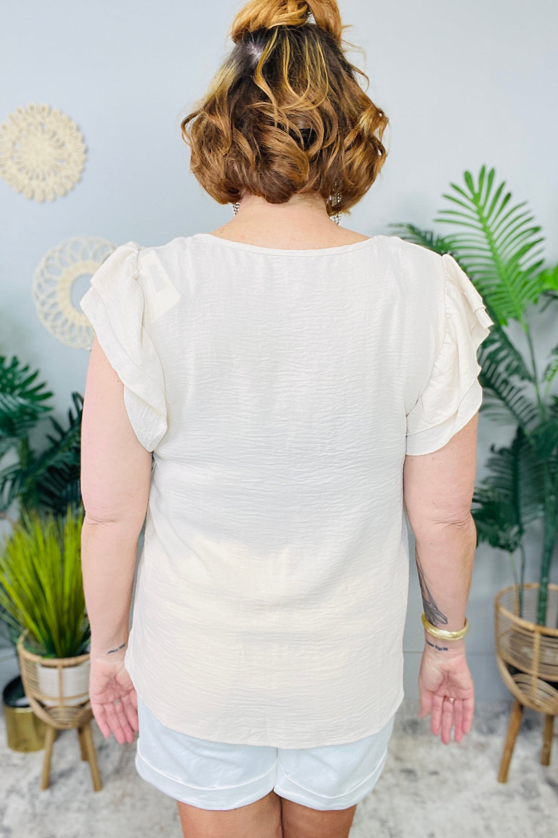 Key Piece Beige Ruffled Sleeve Top- T11153BG