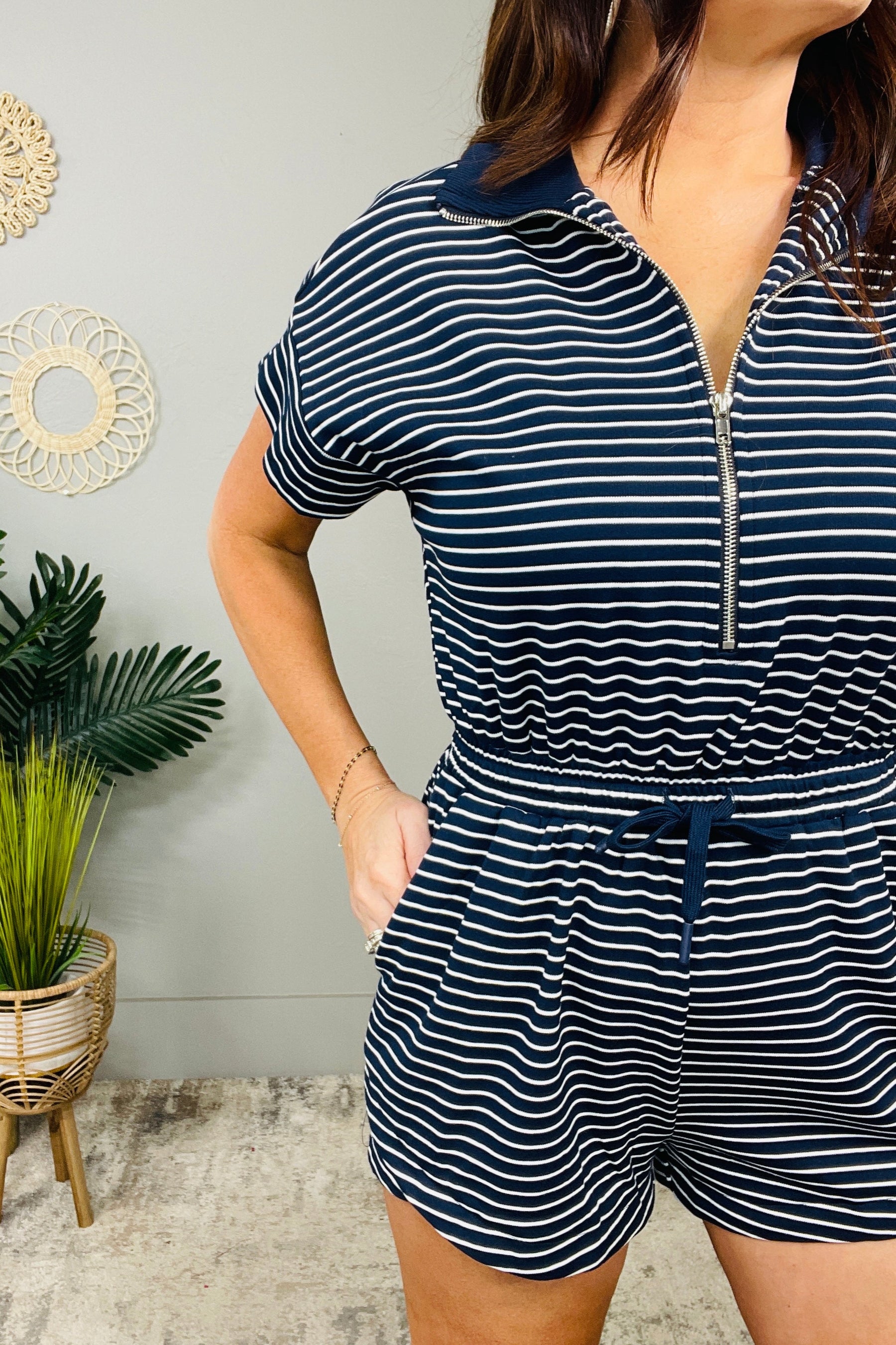 Romping Around In Style Navy Half Zip Striped Romper - RMP878NV