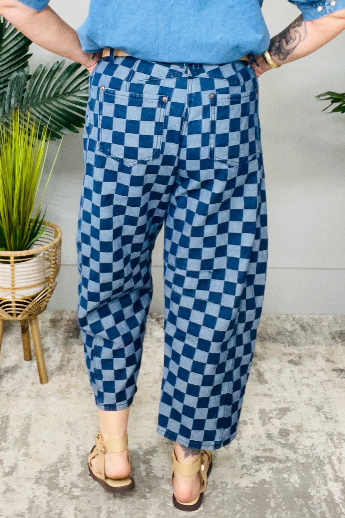 Check Please Barrel Style Leg Checkered Print Jeans