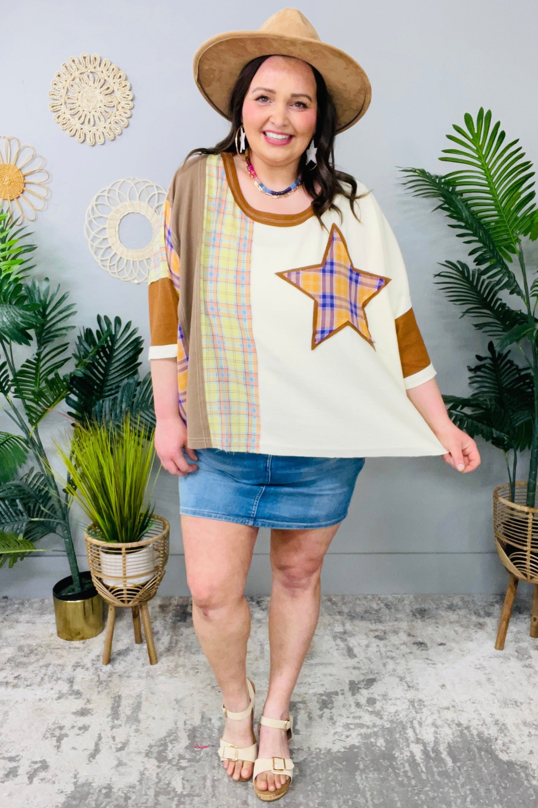 Written In The Stars Plaid Star Patch Top - T11364MO