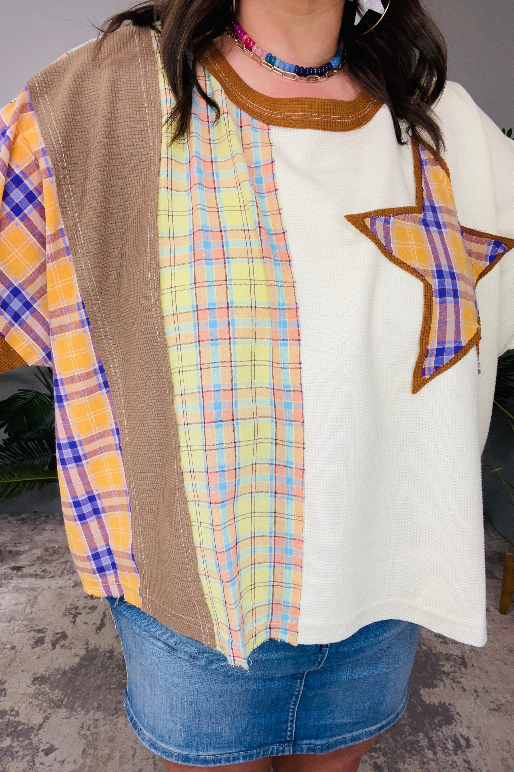 Written In The Stars Plaid Star Patch Top - T11364MO