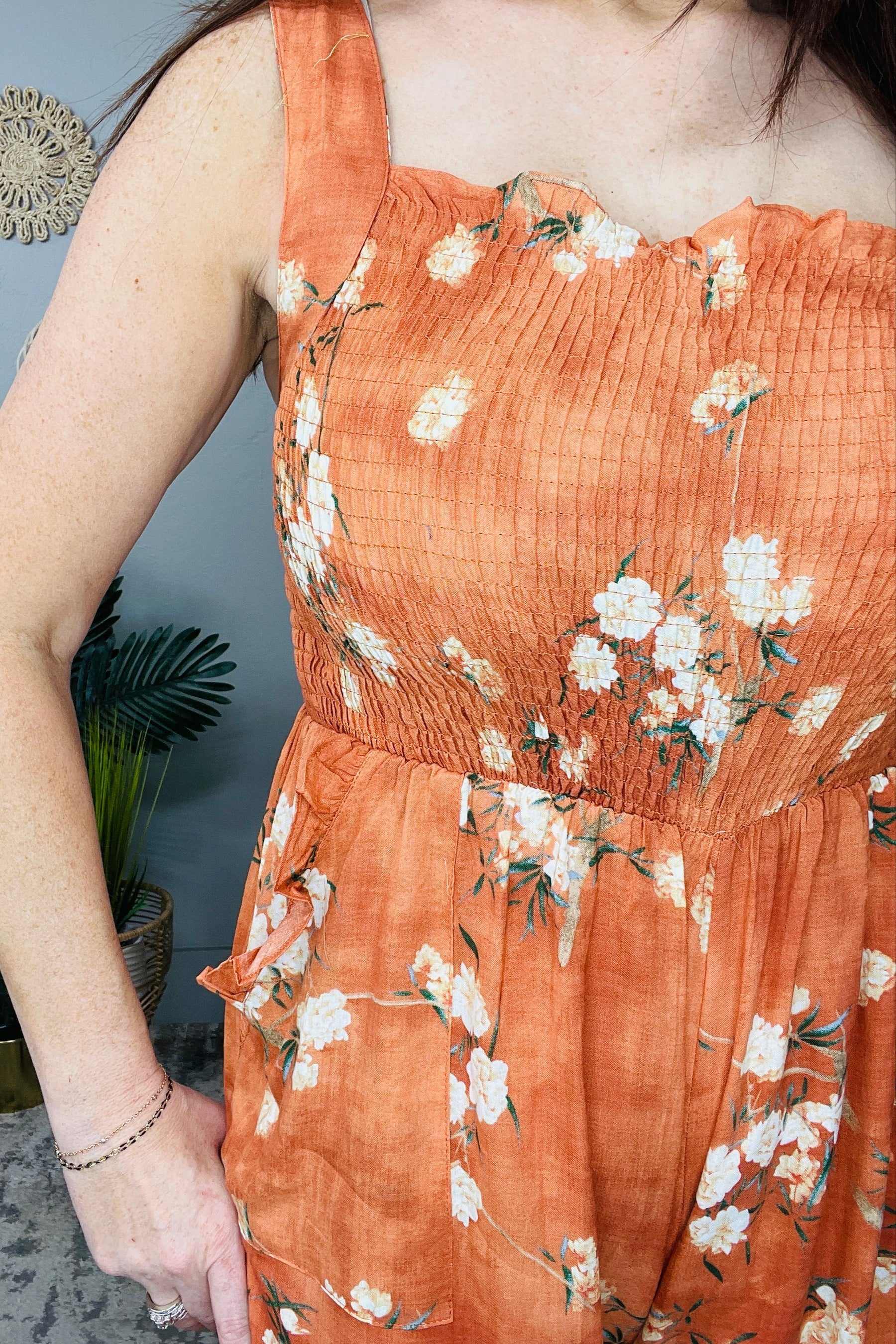 Easy Does It Floral Ruffle Square Neck Smocking Jumpsuit