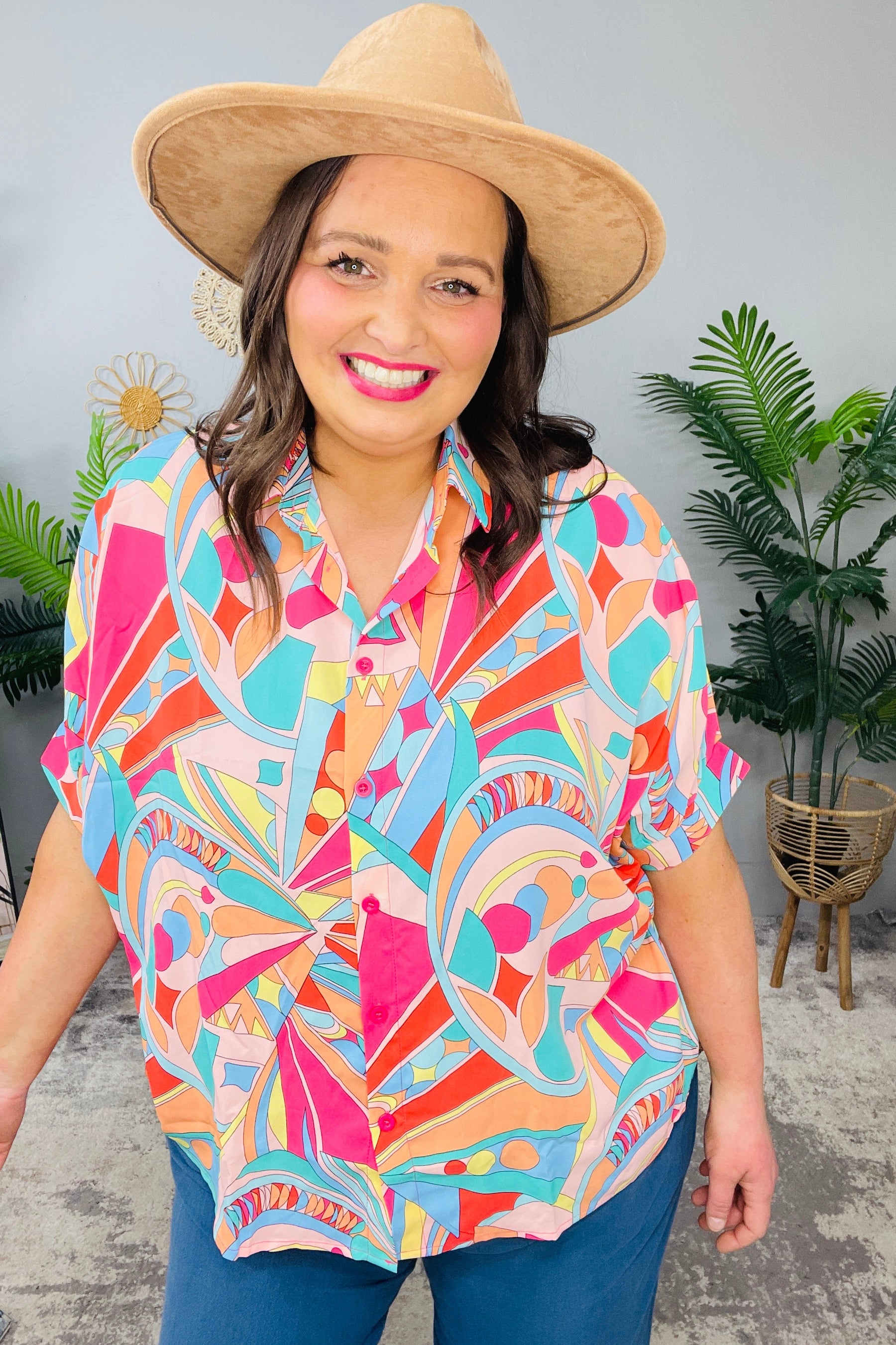 Wide Eyed Abstract Print Batwing Blouse - T11369MU