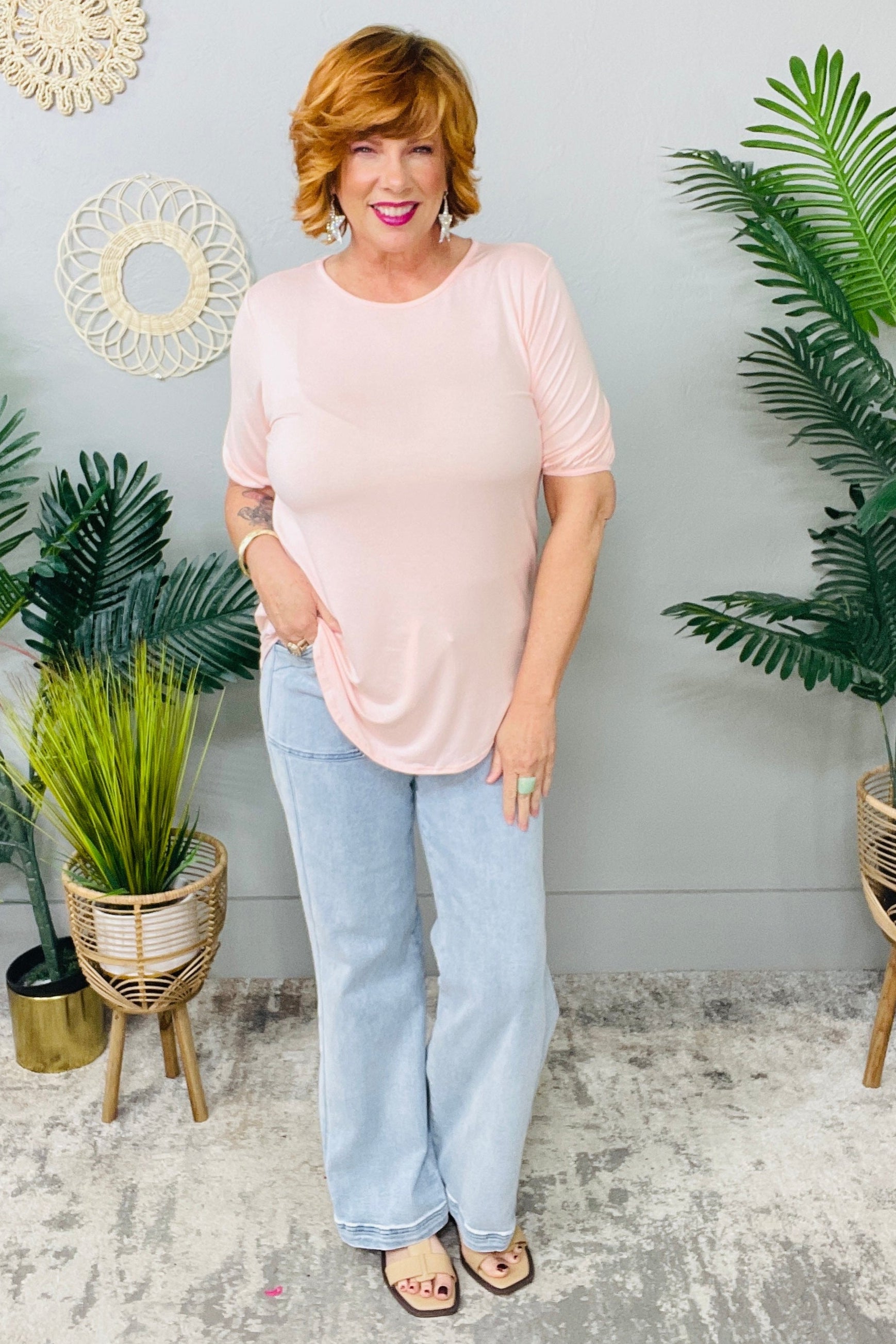 Slay In Solid Light Pink Puff Sleeve Top - T11346PK