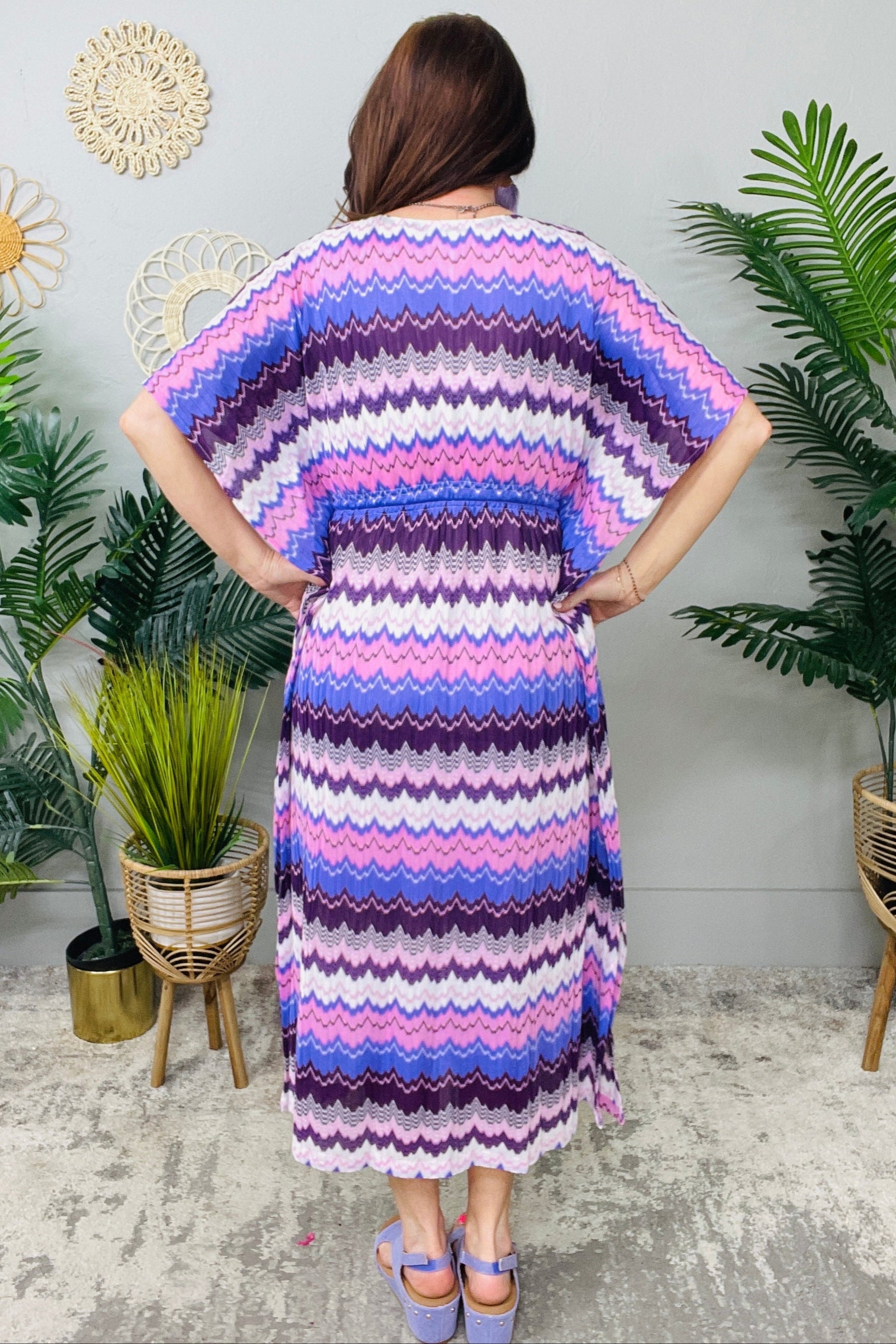 Wavy Vibe Lilac Multi Color Flowy Sleeve Dress - D5757LI