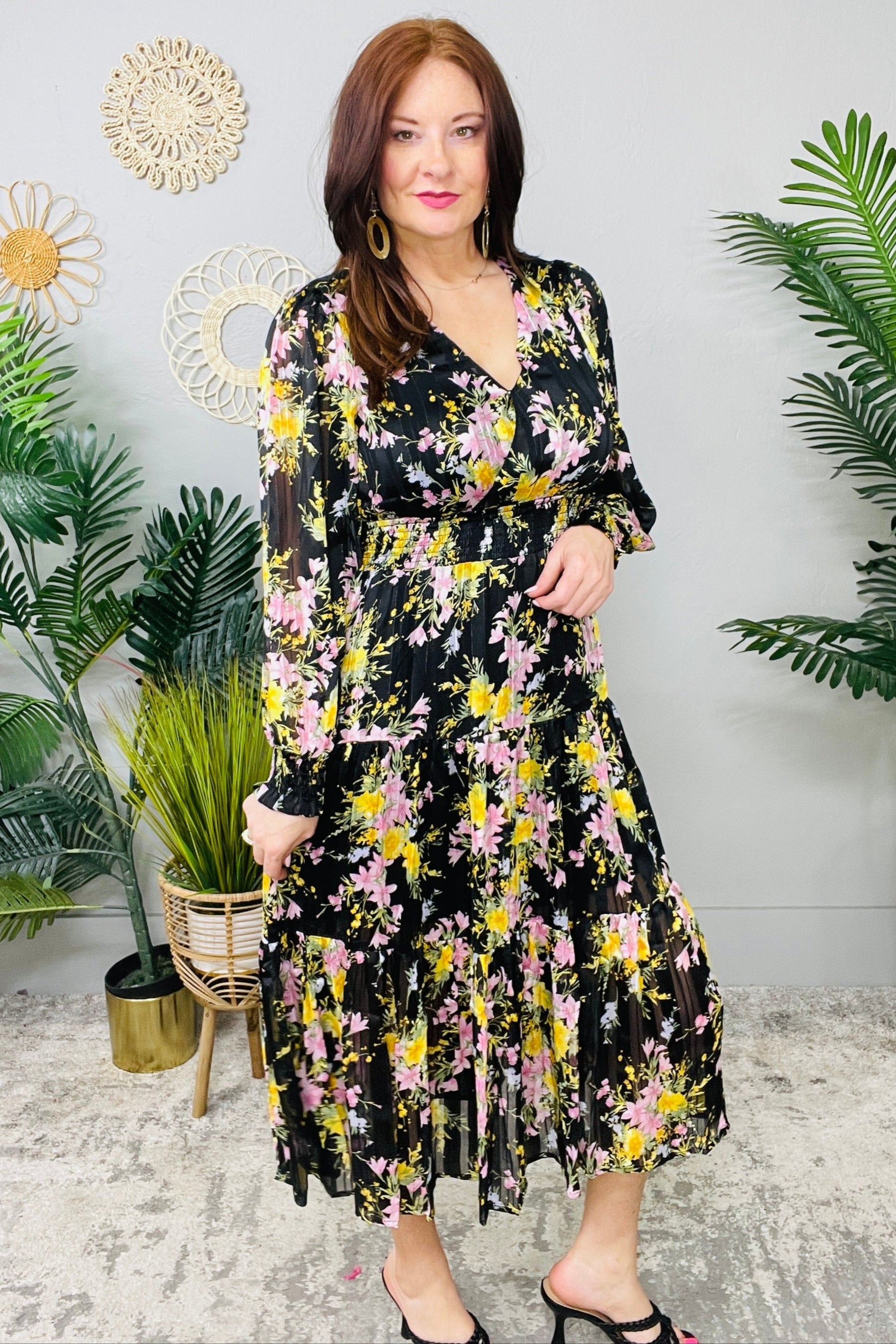 My Best Behavior Flower Print Satin Smocked Dress