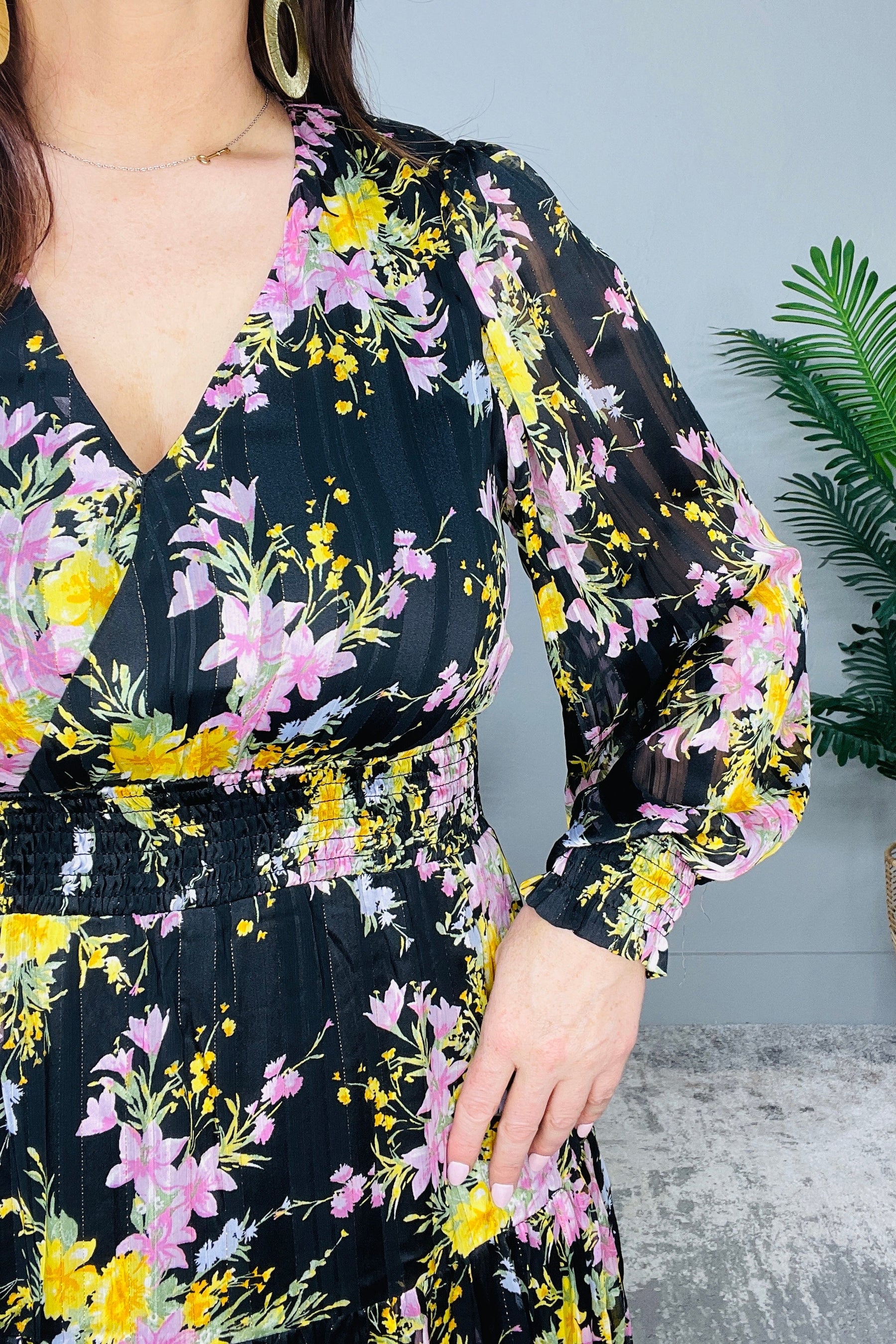 My Best Behavior Flower Print Satin Smocked Dress
