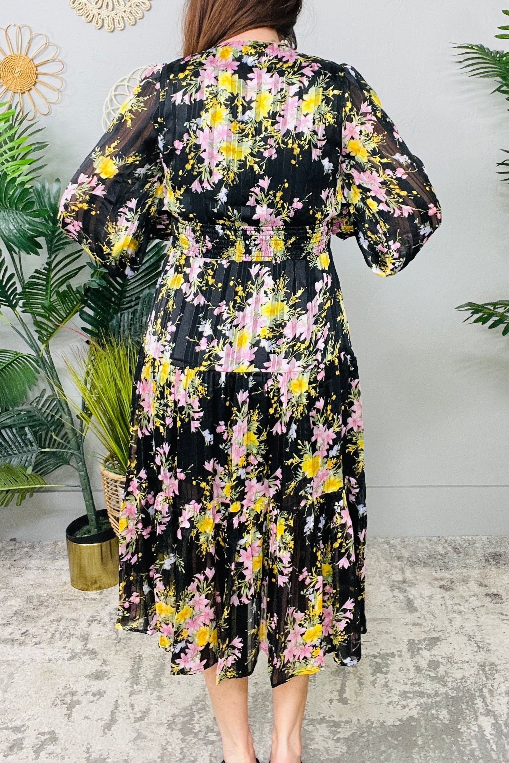 My Best Behavior Flower Print Satin Smocked Dress
