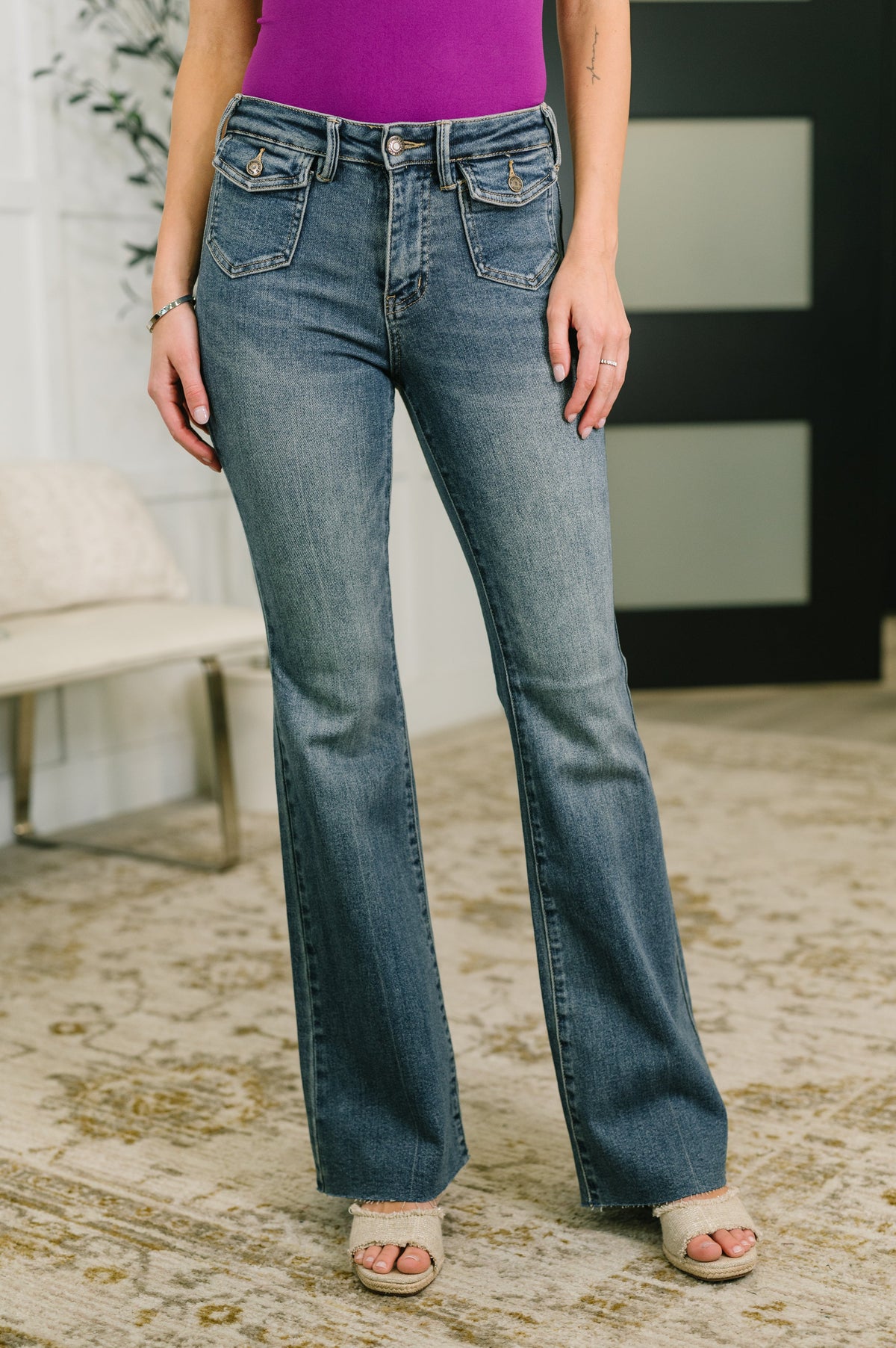 Jackie Mid Rise Flare Jean with Front Flap Pockets