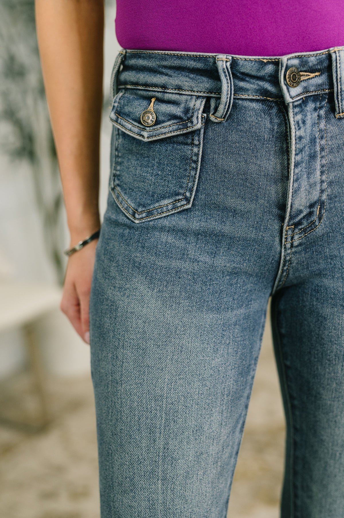 Jackie Mid Rise Flare Jean with Front Flap Pockets