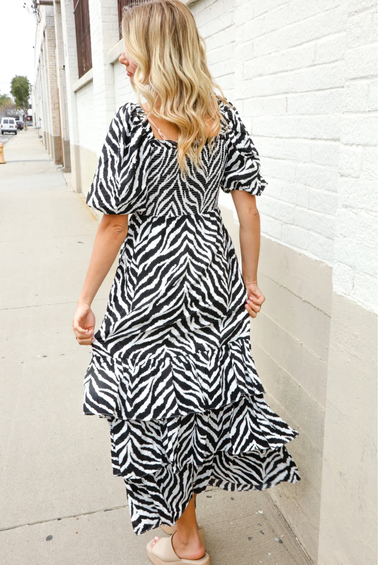 Look My Way Black/White Abstract Print Smocked Neck Maxi Dress