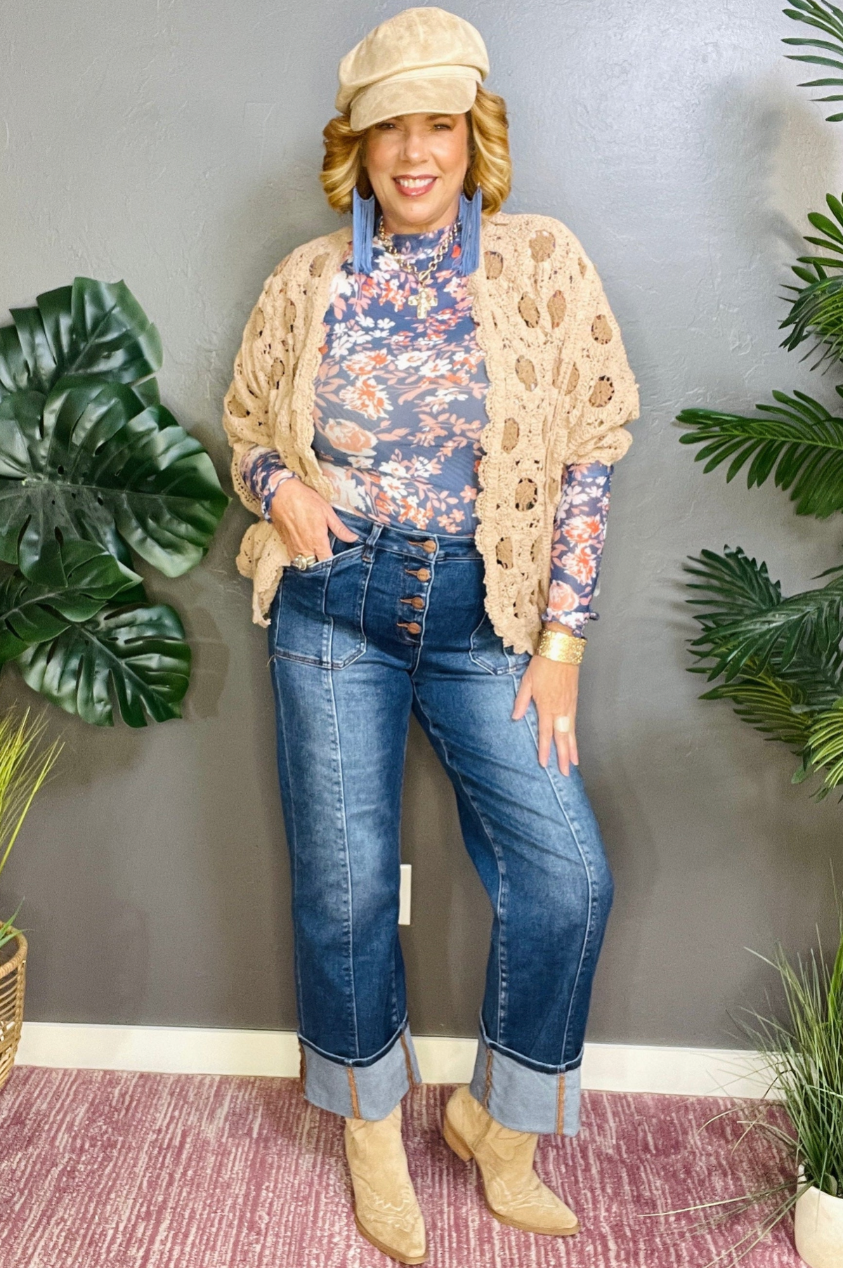 Rowan High Rise Crop Wide Straight Cuffed Jeans - J051DN