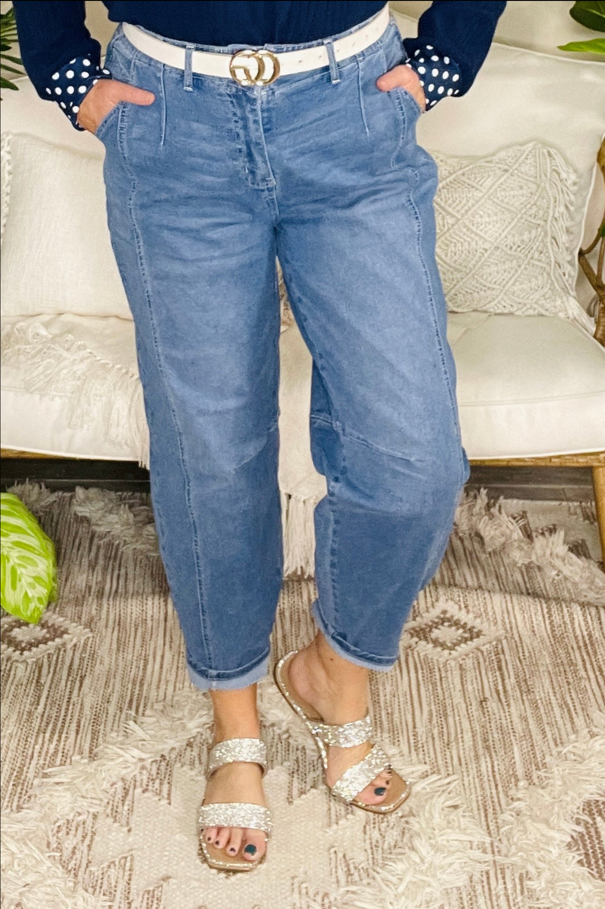 Whitney Sky Blue Cuffed Barrel Jeans - J057DN