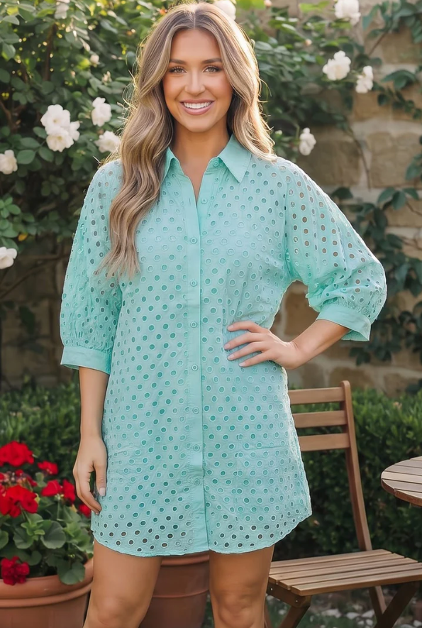 button front shirt dresses Mint Eyelet Button Front Shirt Dress