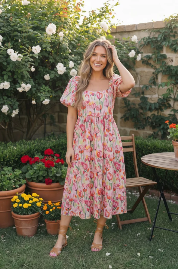 tulip midi dress Bouquet of Tulips Pocketed Midi Dress L