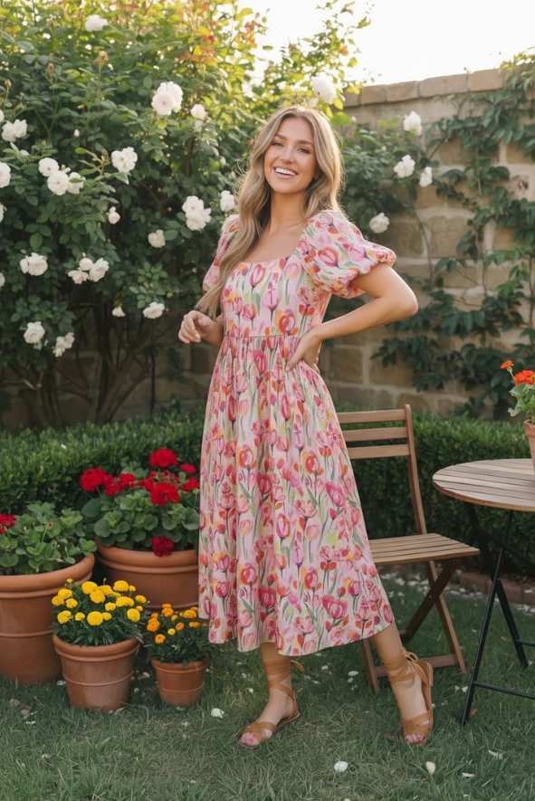 Bouquet of Tulips Pocketed Midi Dress