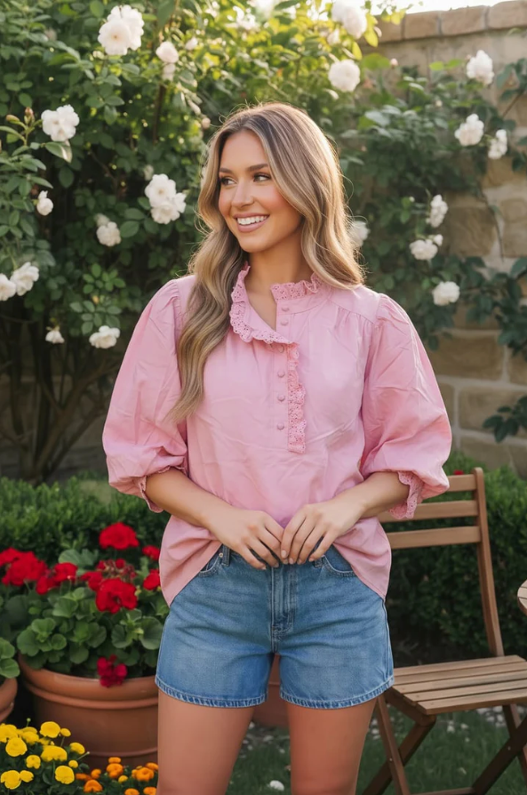 Pretty in Pink Puff Sleeve Button Top