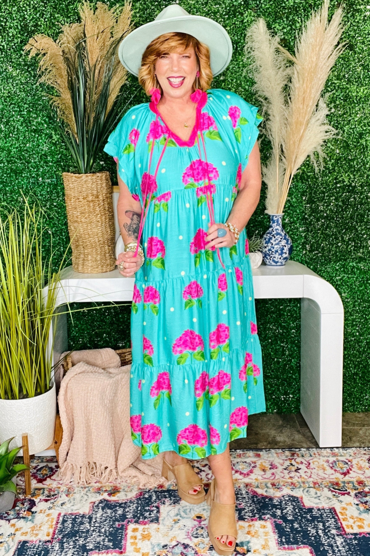 Floral Daydreams Hydrangea Print Tiered Midi Dress - DR206JD
