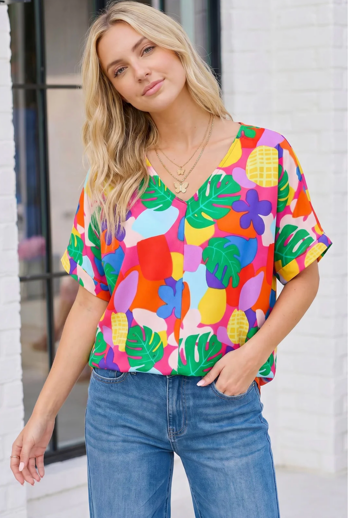 Tropical Pop Art V-Neck Top