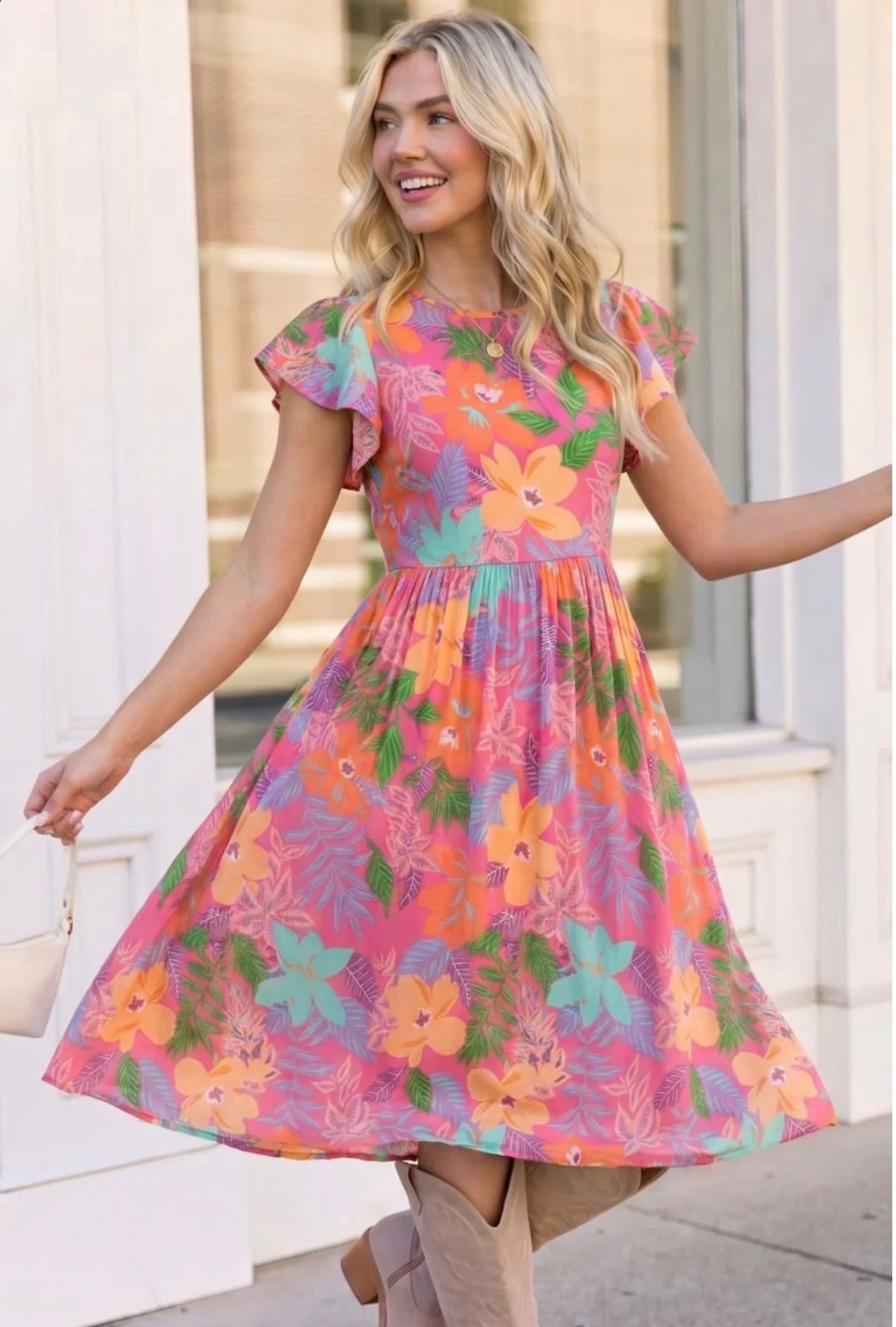 Head Turning Blooms Flutter Sleeve Midi Dress