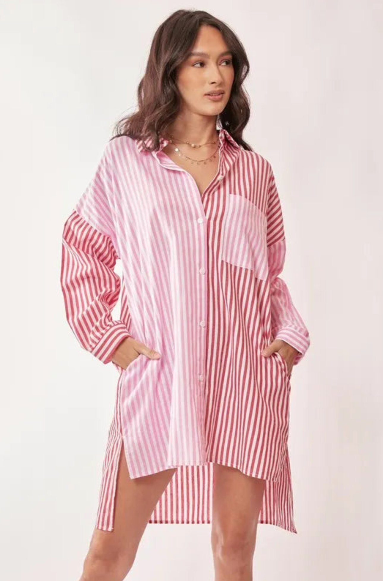 Stripe Goals Red Multi Color Button Shirt Dress D5678RD