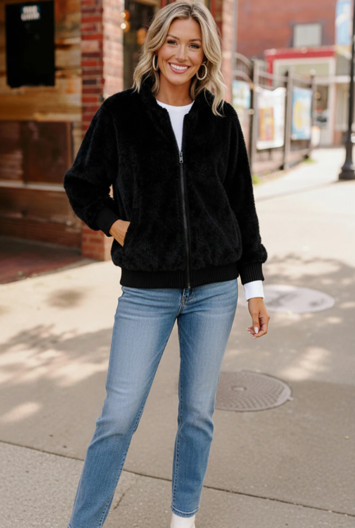 Black Zip Up Faux Fur Coat