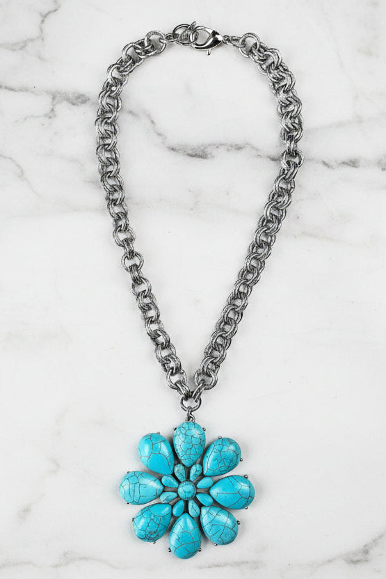Thick Chain W/Turq Flower Pendant - N132TU