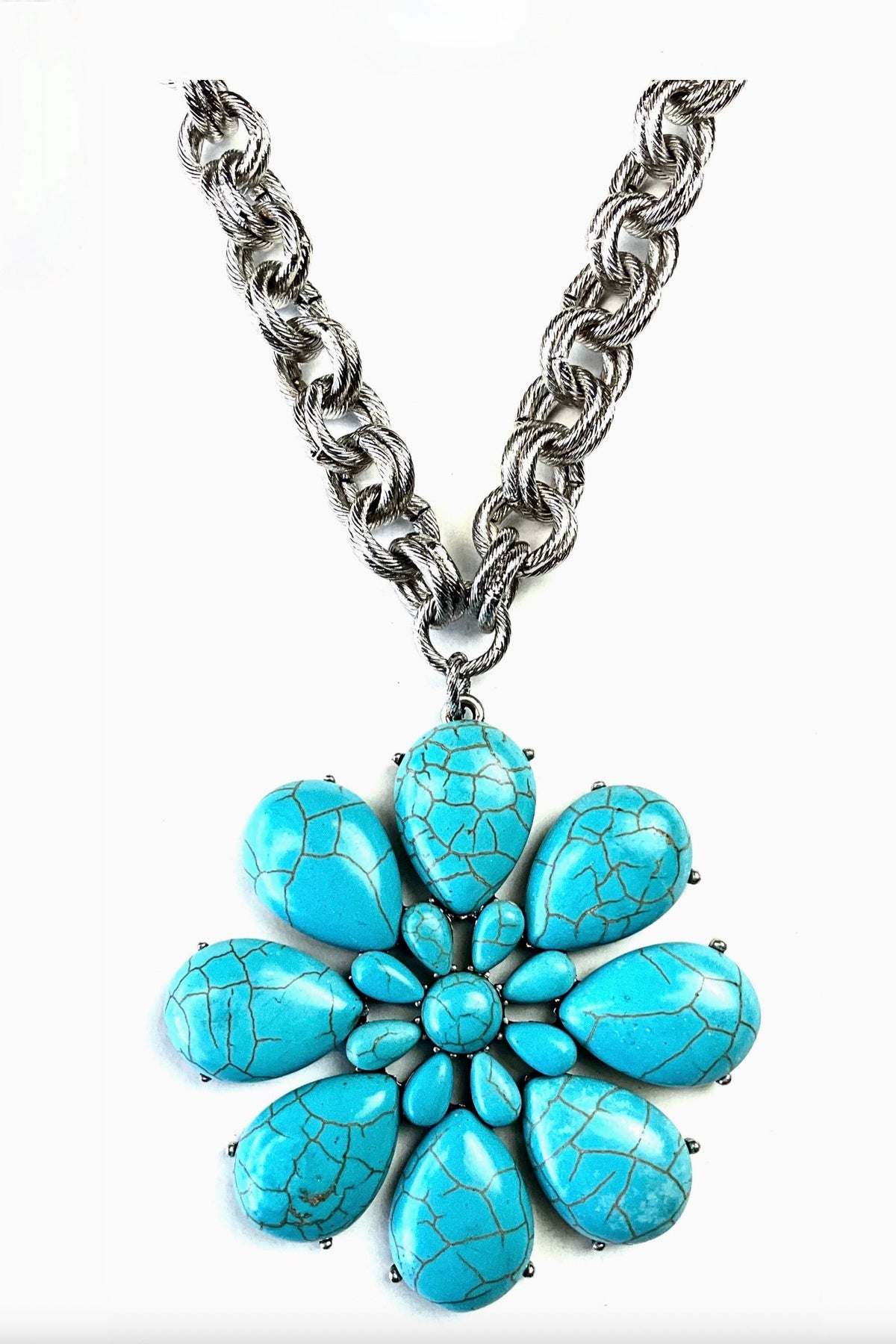 Thick Chain W/Turq Flower Pendant - N132TU
