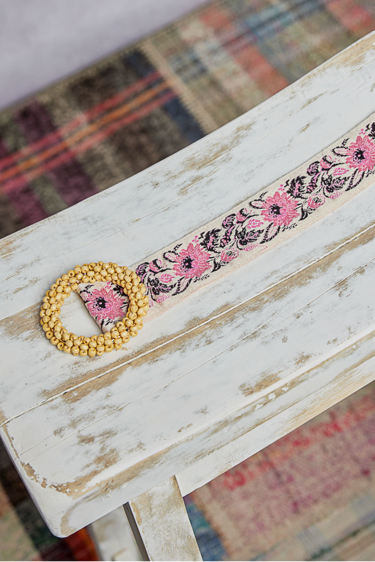 Beaded Round Buckle Floral Belt - BE017IV