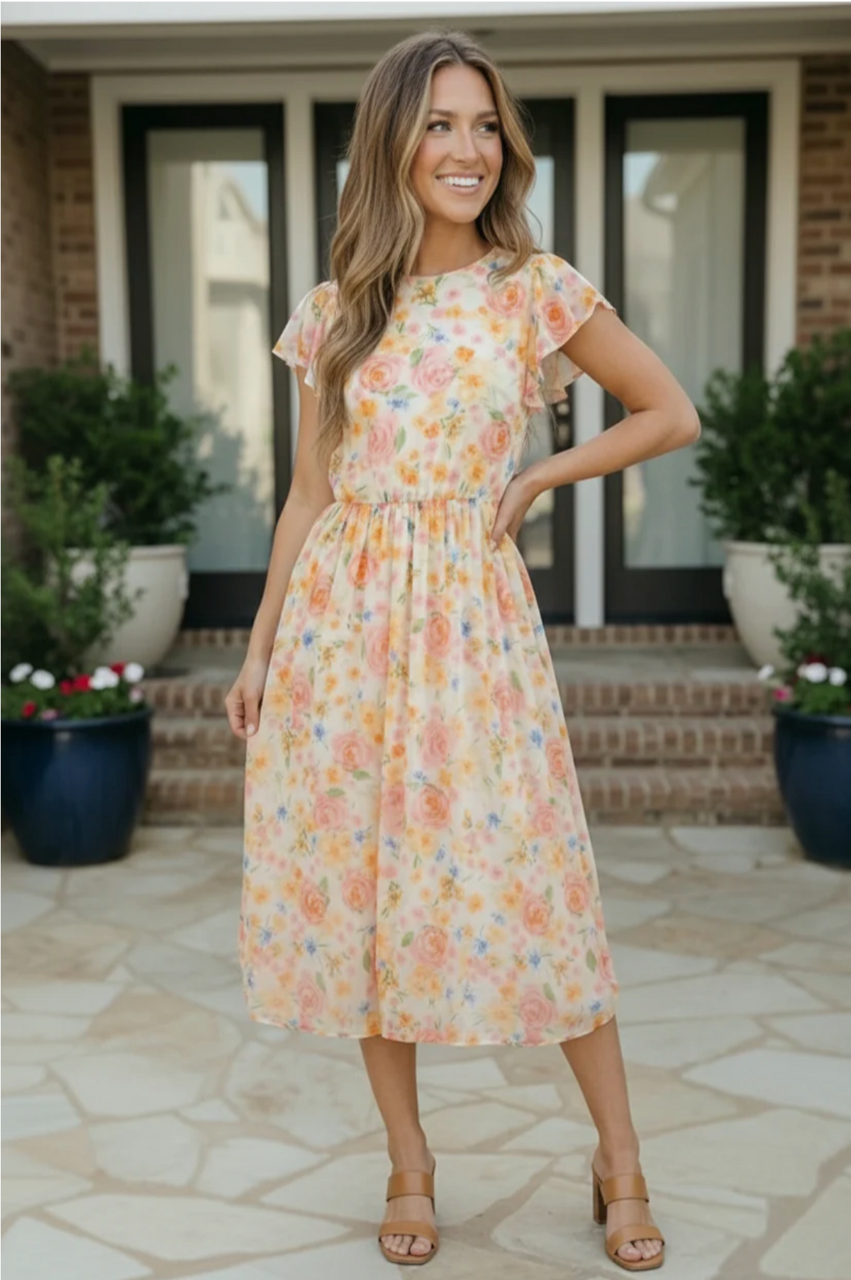 Watercolor Floral Flutter Sleeve Midi Dress