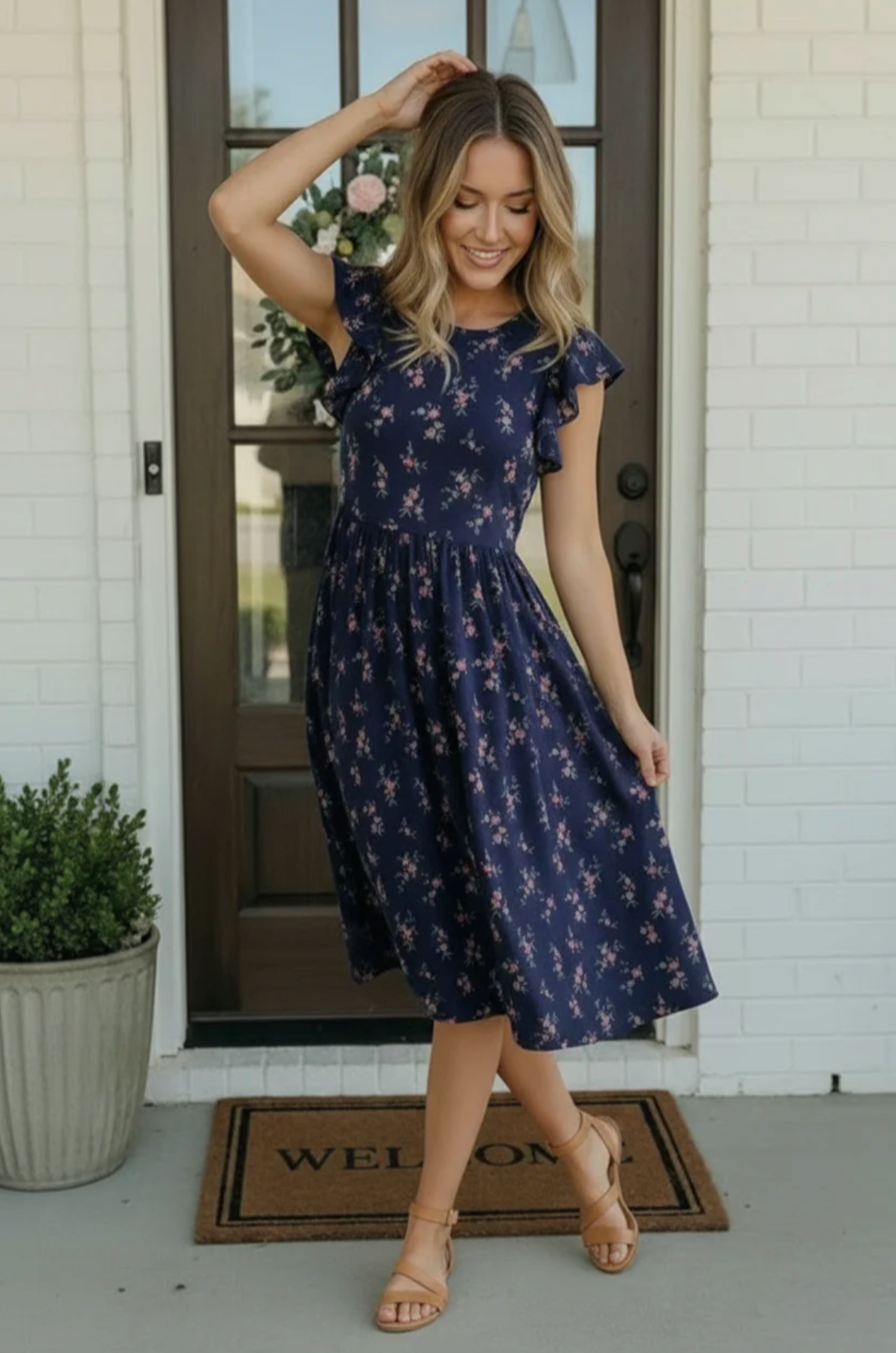 Navy Floral Flutter Sleeve Midi Dress