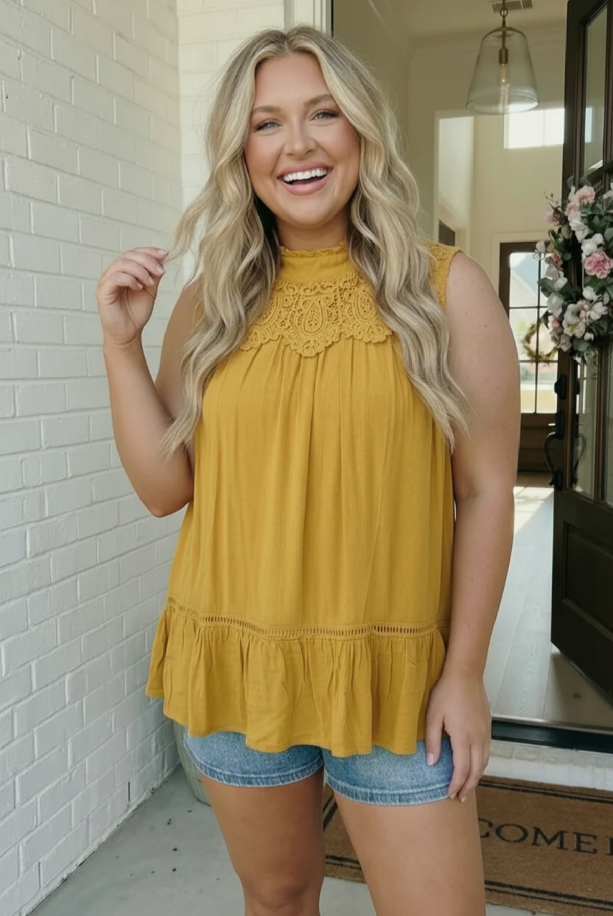 Golden Hour Lace Yoke Babydoll Top