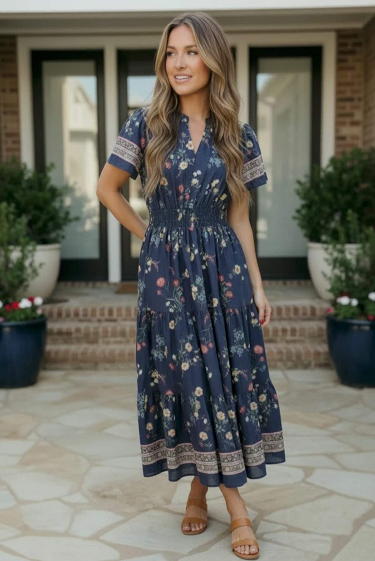 At the Summer Cottage Navy Floral Midi Dress