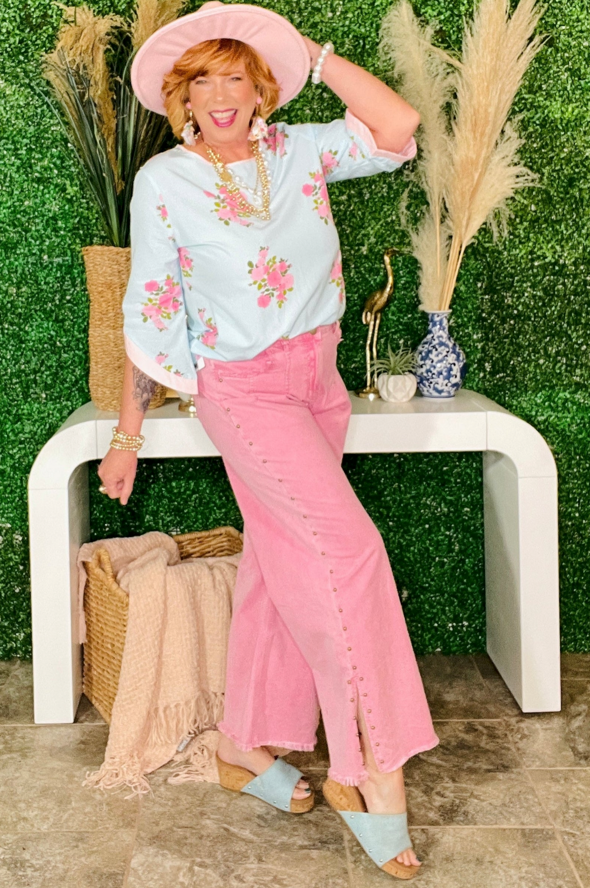 Delaney Pink Studded Side Slit Frayed Wide Leg Jeans - J044PK