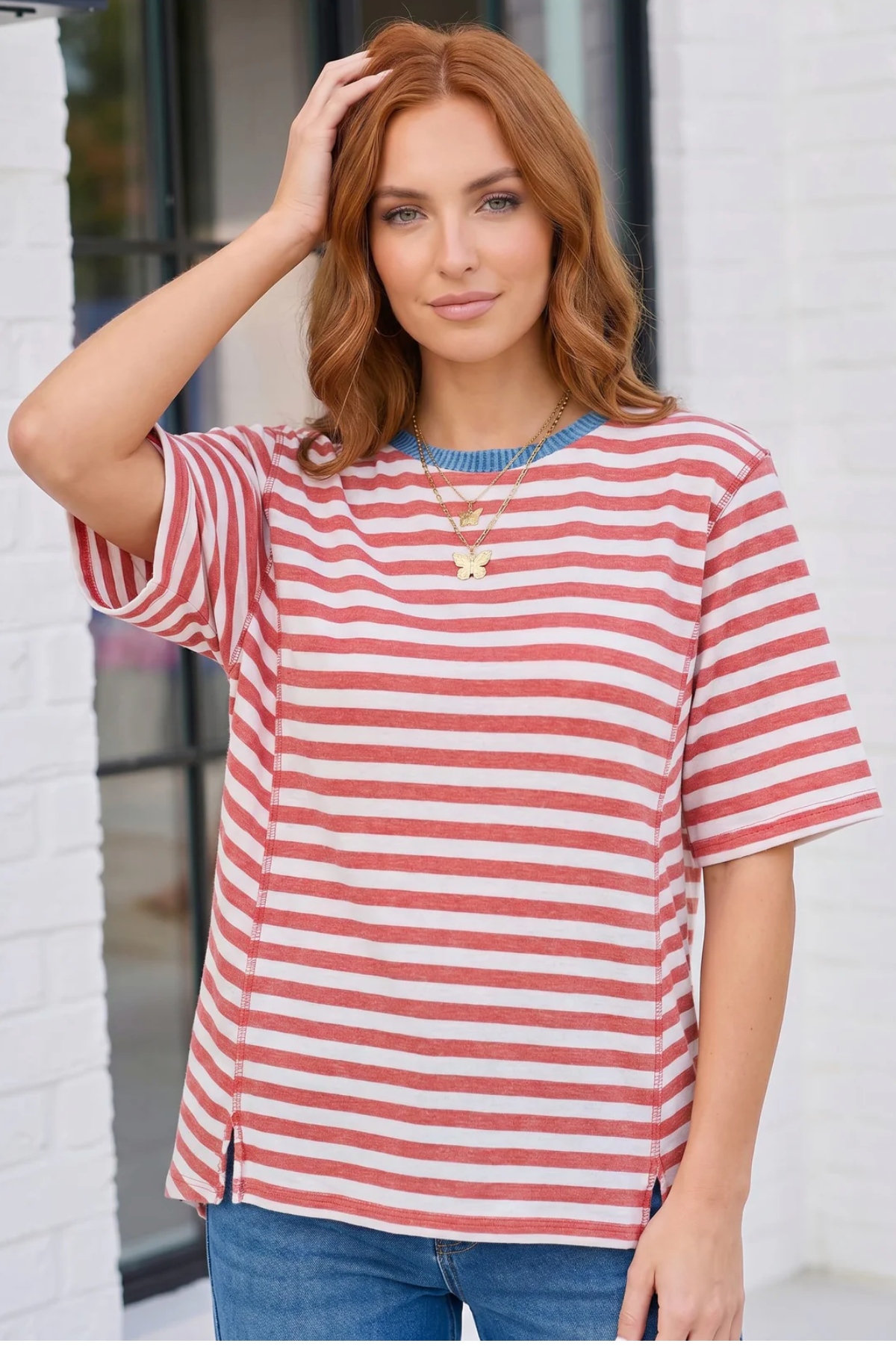 Retro Stripe Oversized Tee with Contrast Ribbed Neck