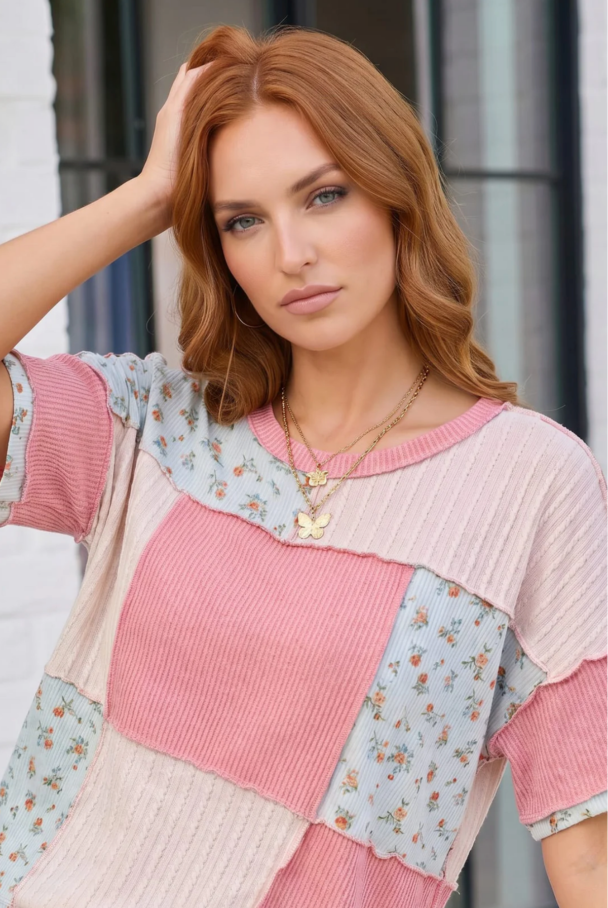 Patchwork Floral Ruffle Top in Pink and Blue