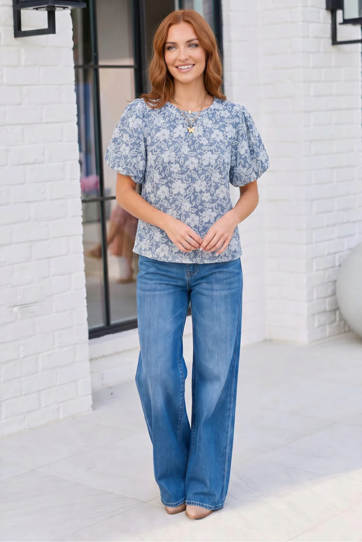 Something Blue Lace Textured Puff Sleeve Top