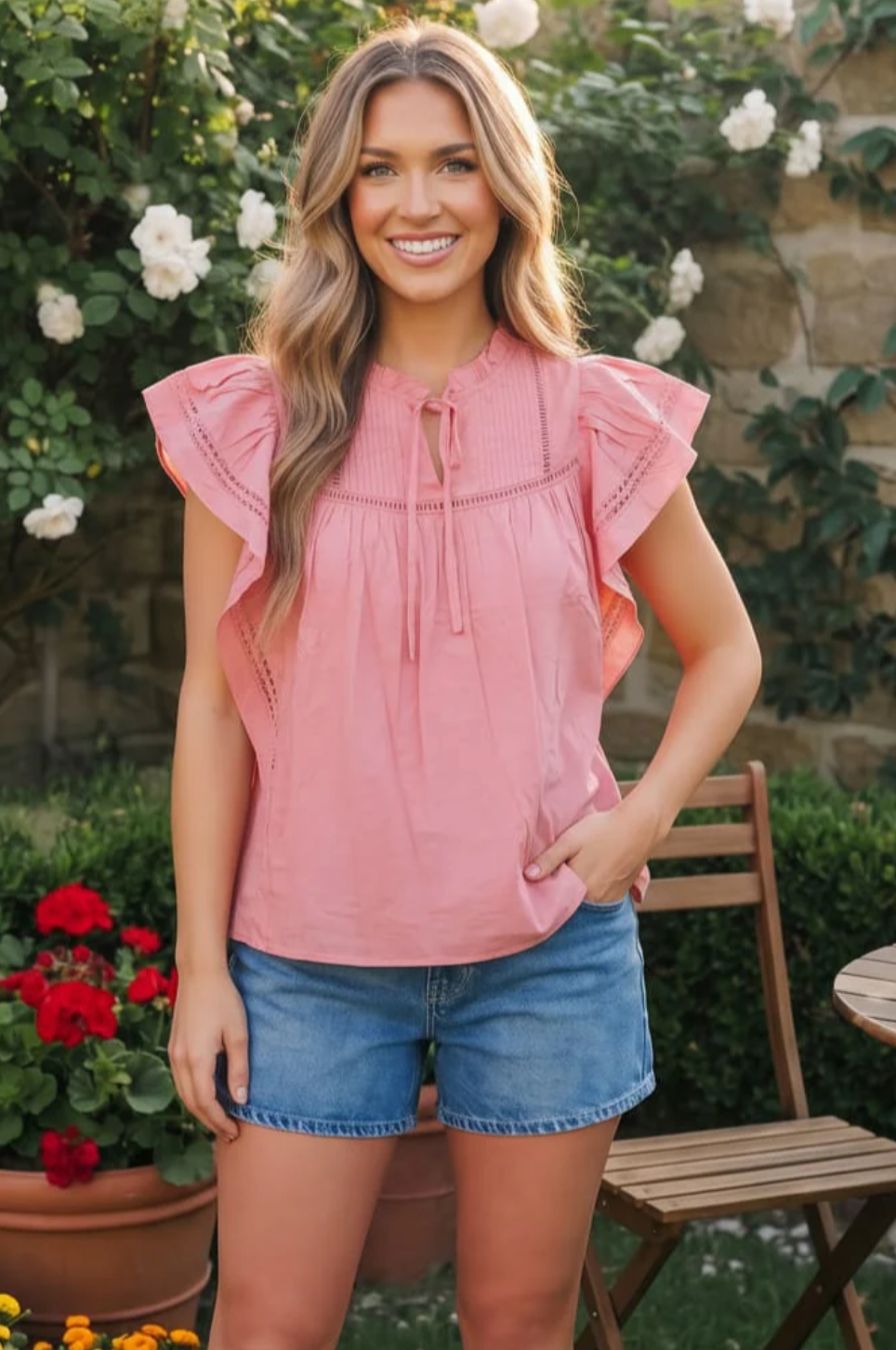 Sweet Strawberry Ruffle Flutter Top