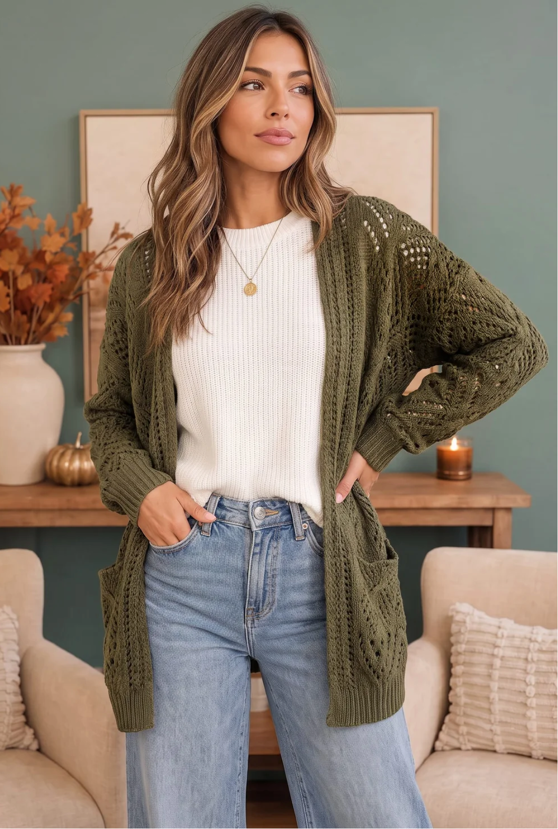 Cozy Days Open Knit Cardigan in Olive