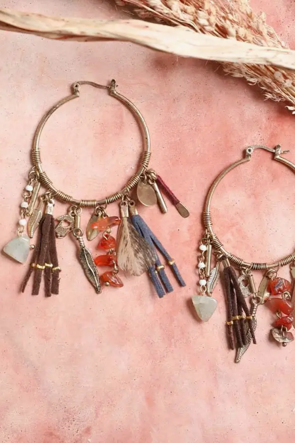 Carnelian & Jade Feather Fringe Hoop Earring - E112MU