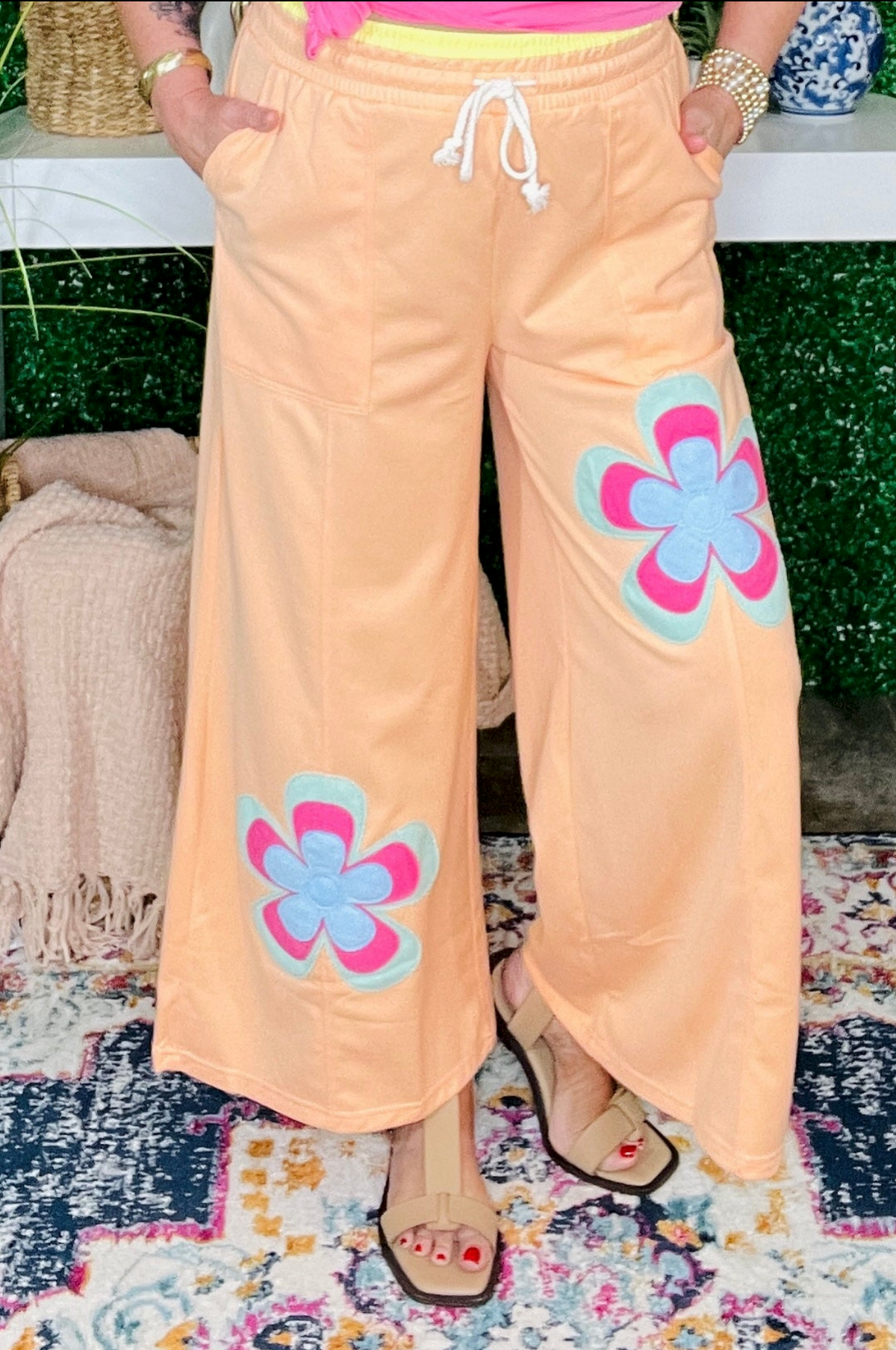Boho Feels Grapefruit Flower Patchwork Drawstring Wide Leg Pants - P160GP