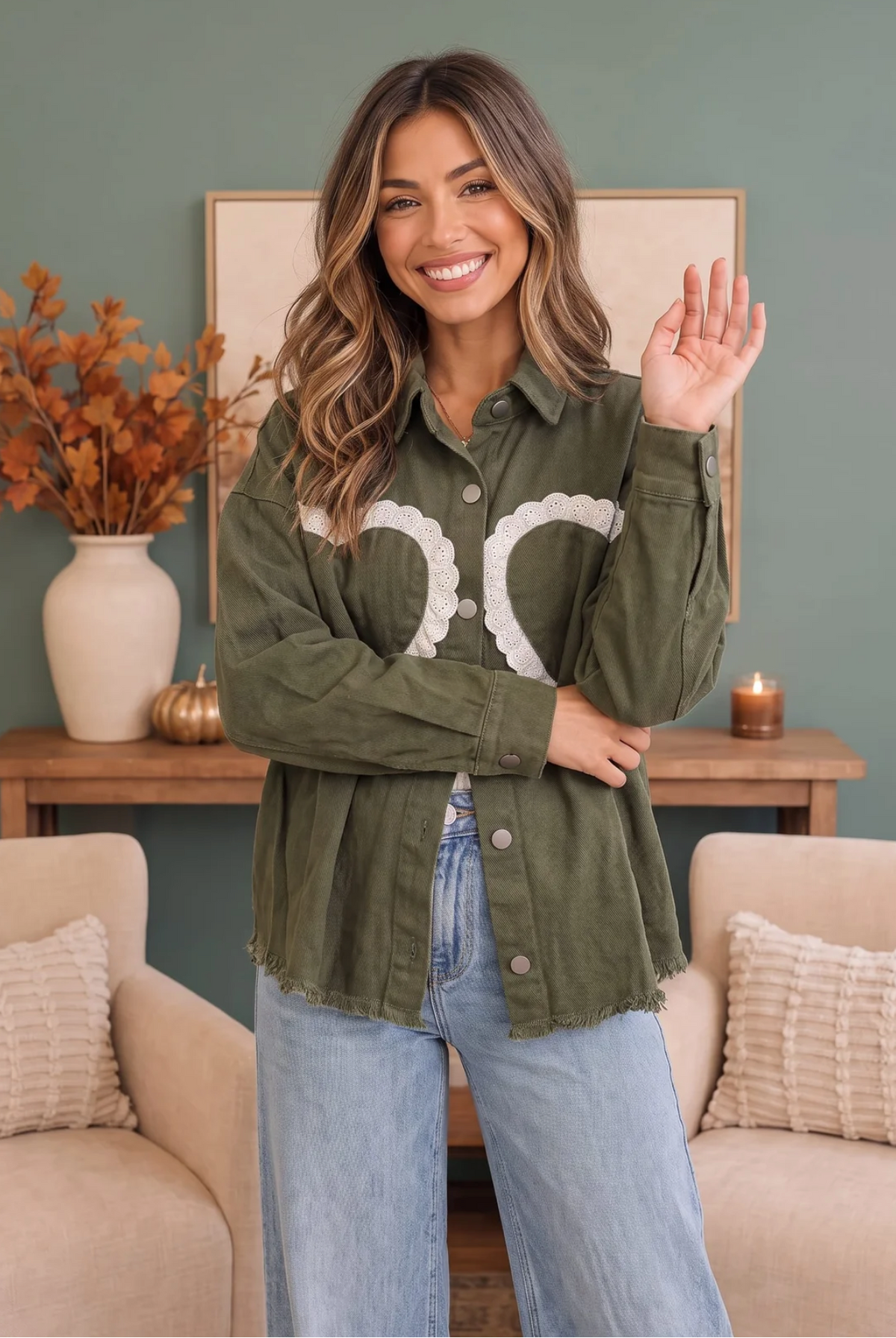 I Heart You Lace Applique Corduroy Shacket