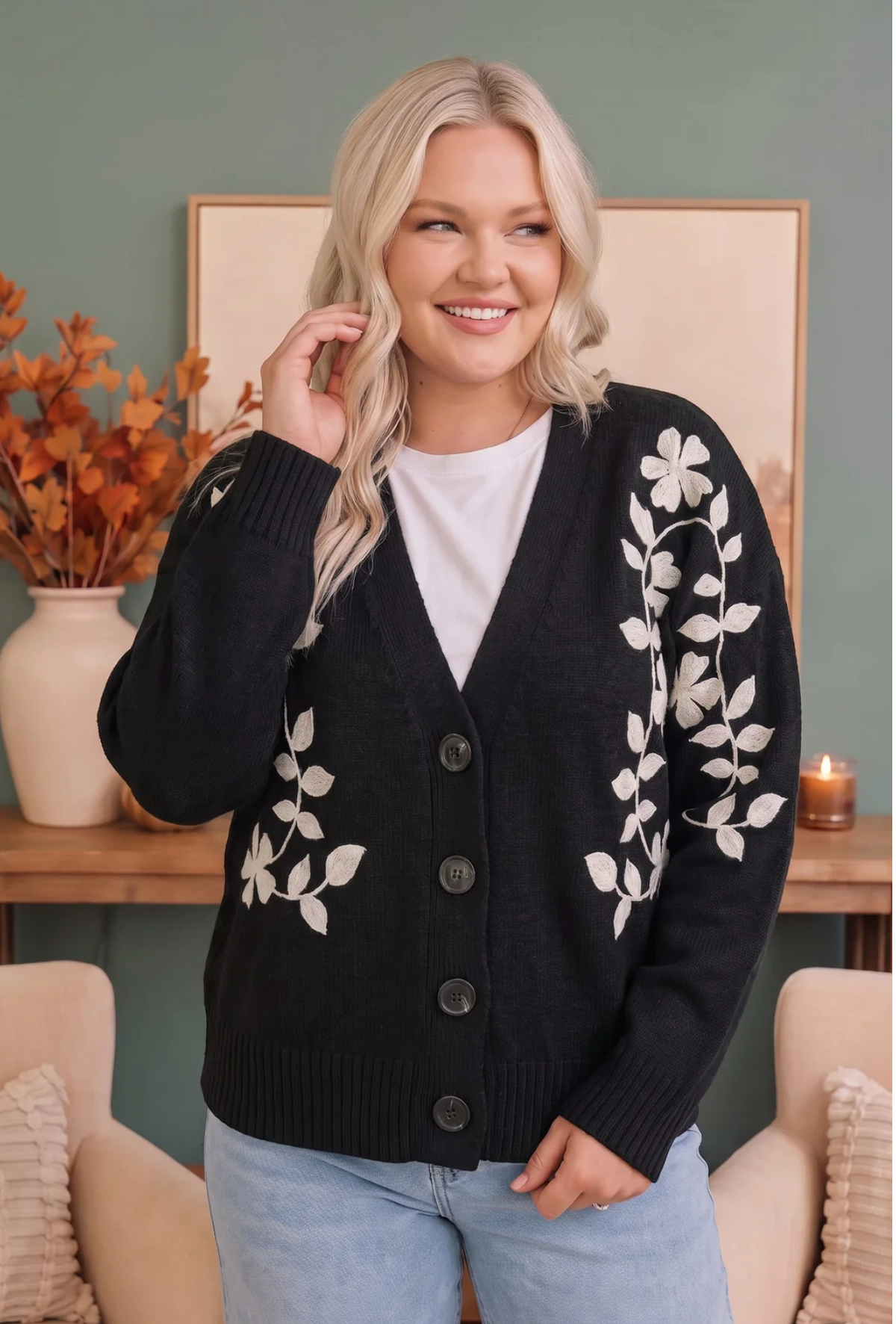 Off the Vine Black Floral Embroidered Cardigan