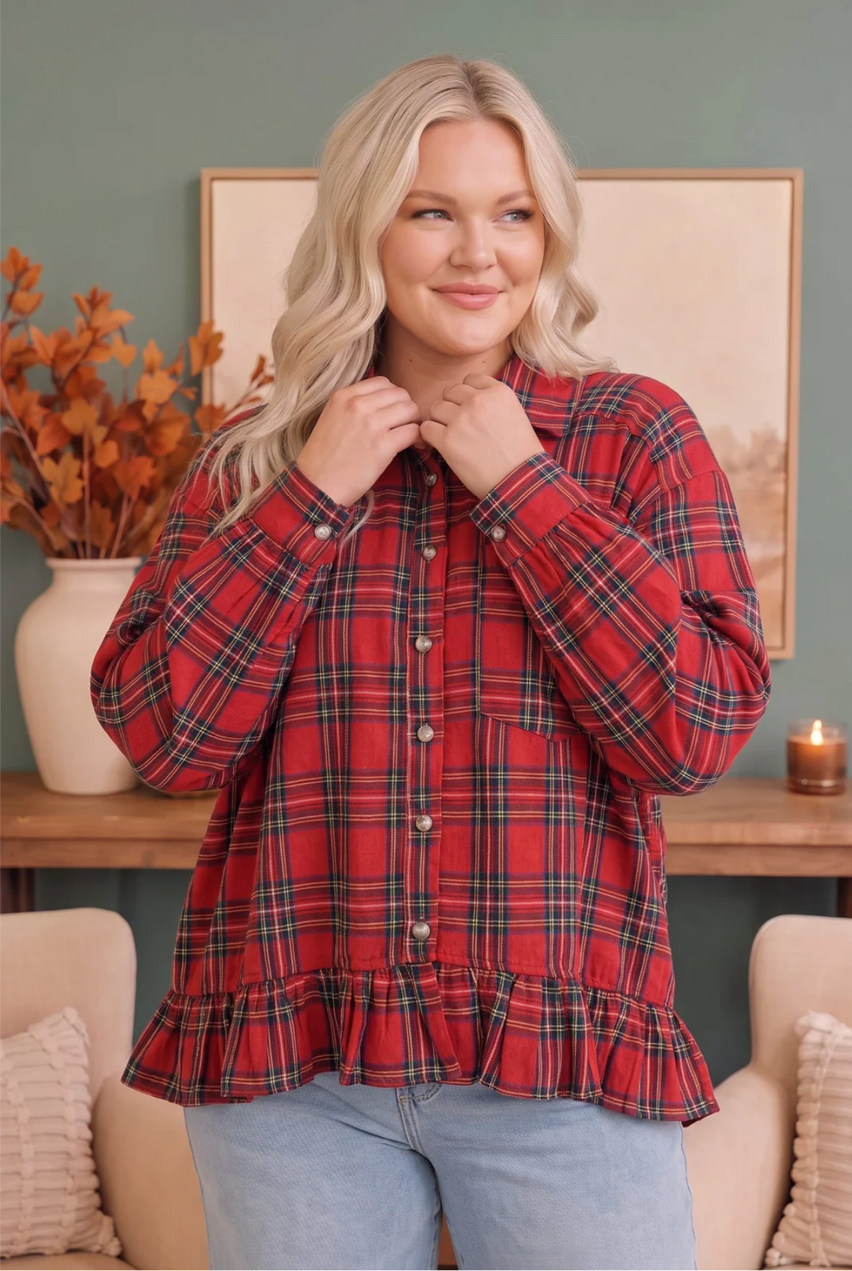 Ruffle the Rules Plaid Flannel Top in Red
